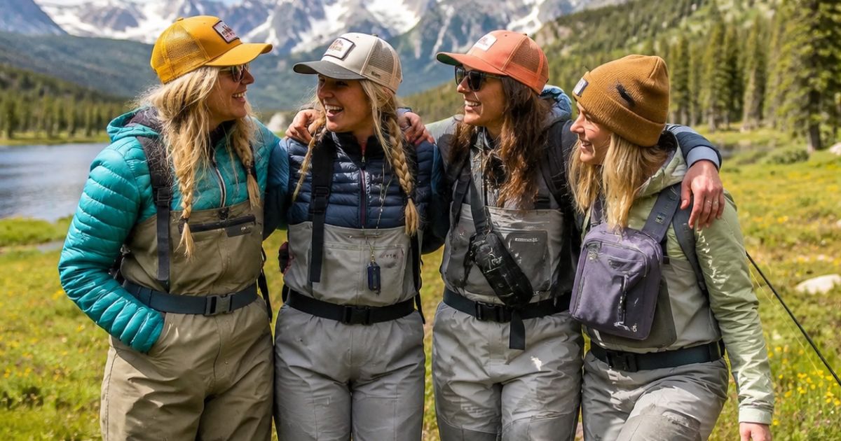 Five women fly anglers gathering together beside an Alaska river