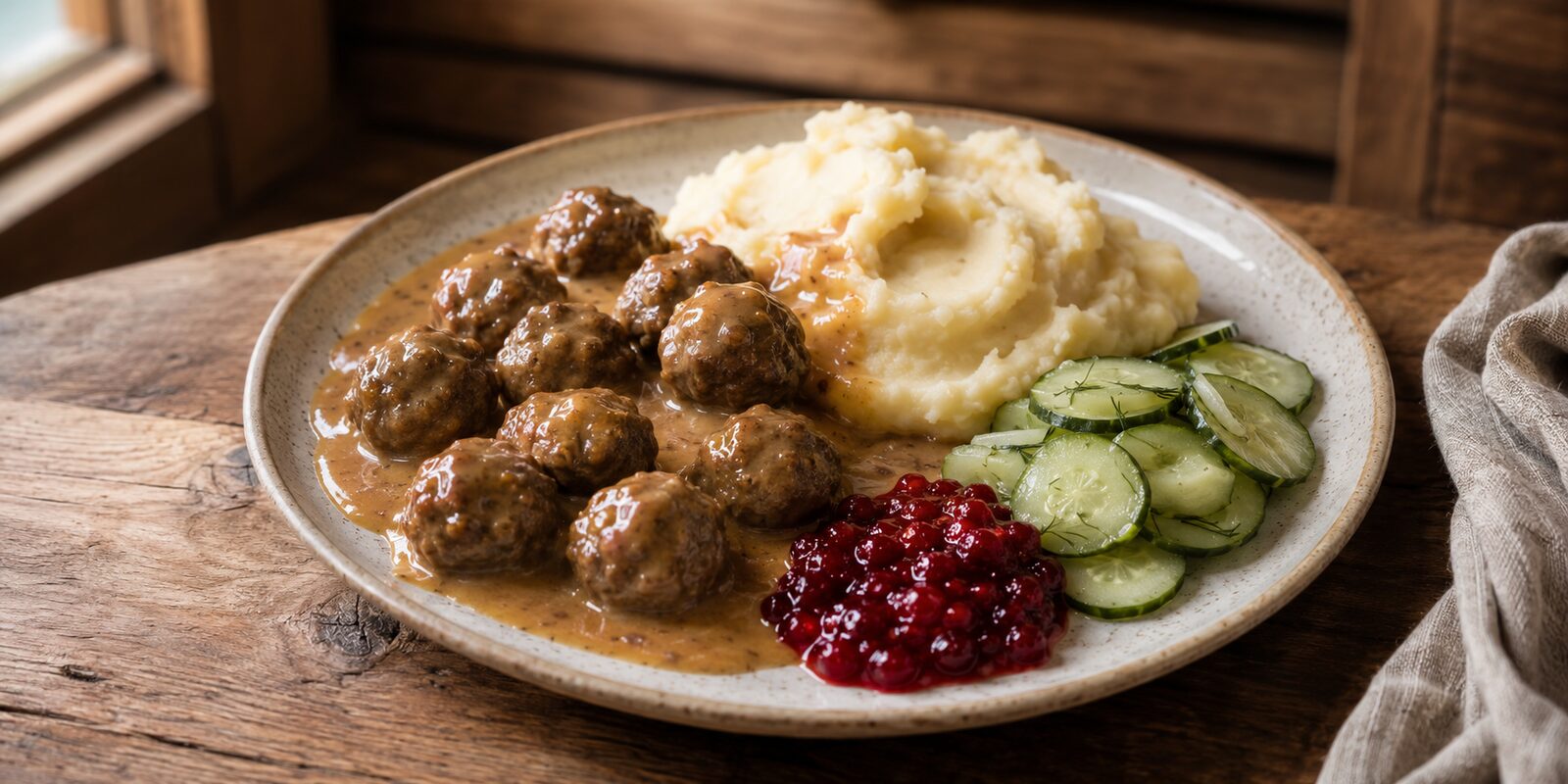 Swedish meatballs with creamy gravy, mashed potatoes, lingonberries, and pressed cucumber