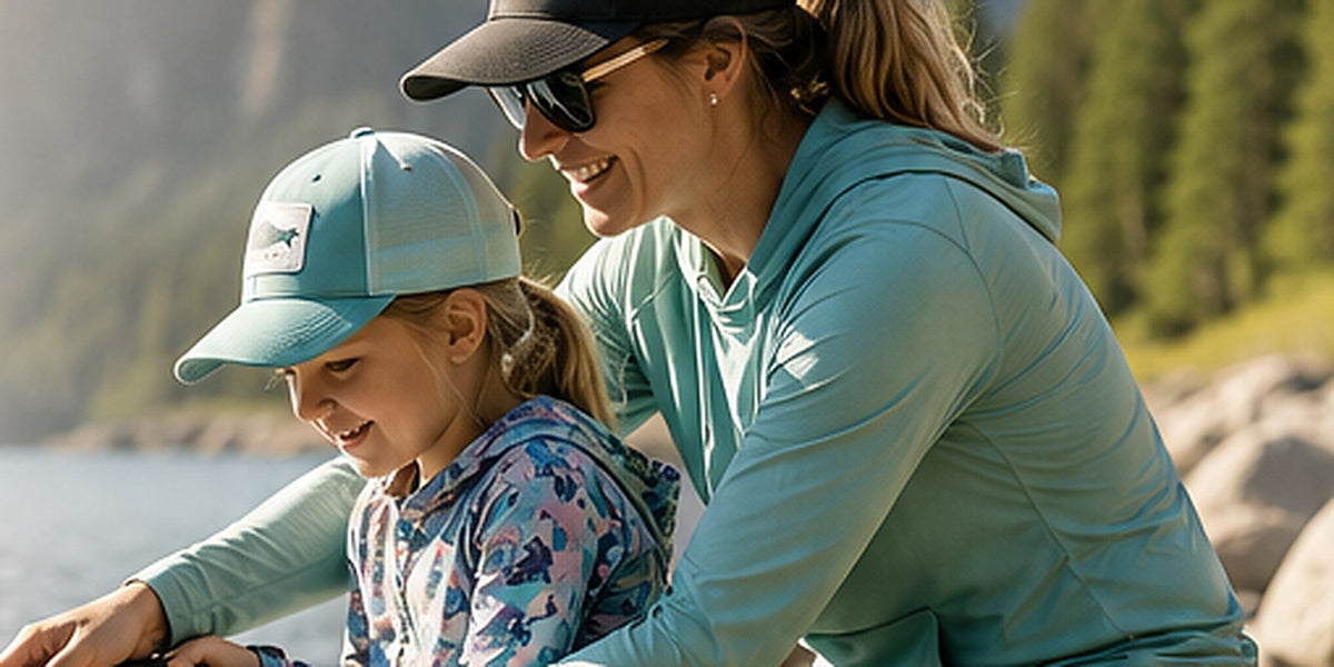 Parent helping a child learn to fish beside calm, easy-access water