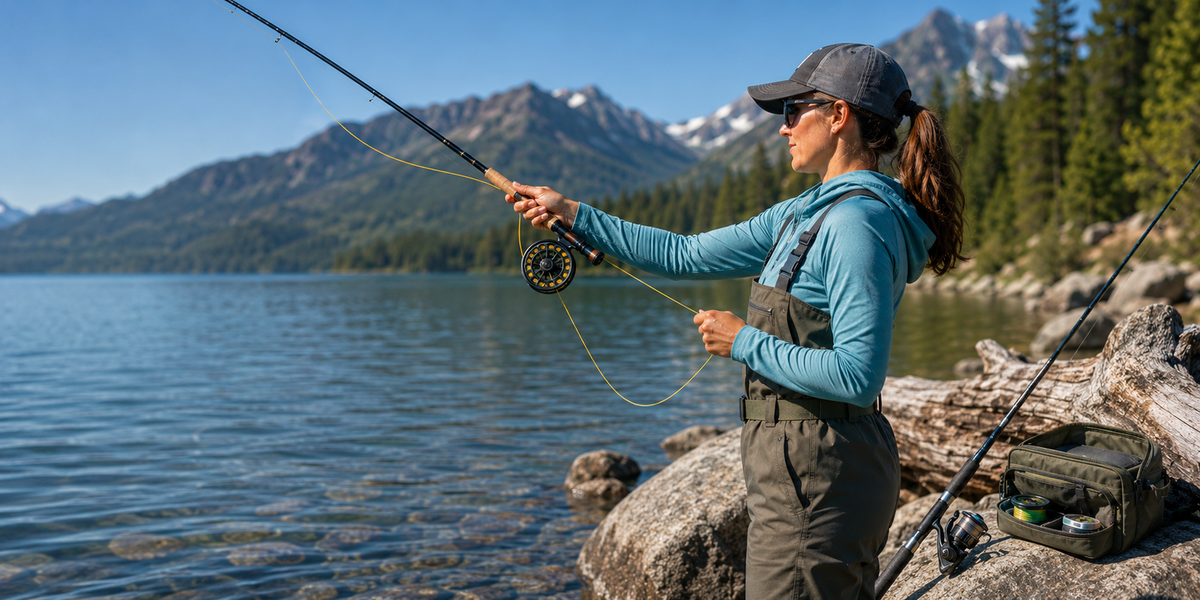 Woman angler holding a fishing rod beside a lake at sunrise