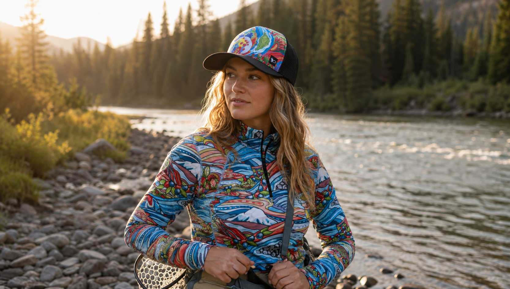 Woman wearing the Charvana Abstract Trucker Hat and matching FisheWear top beside a mountain river