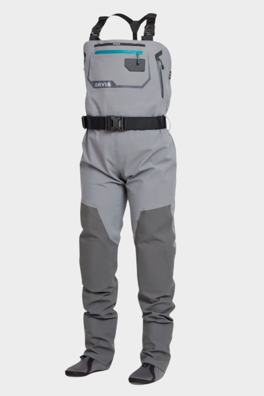 Orvis Women's Pro Wader, a full-body fishing wader in gray color, featuring multiple pockets and designed for durability and comfort.