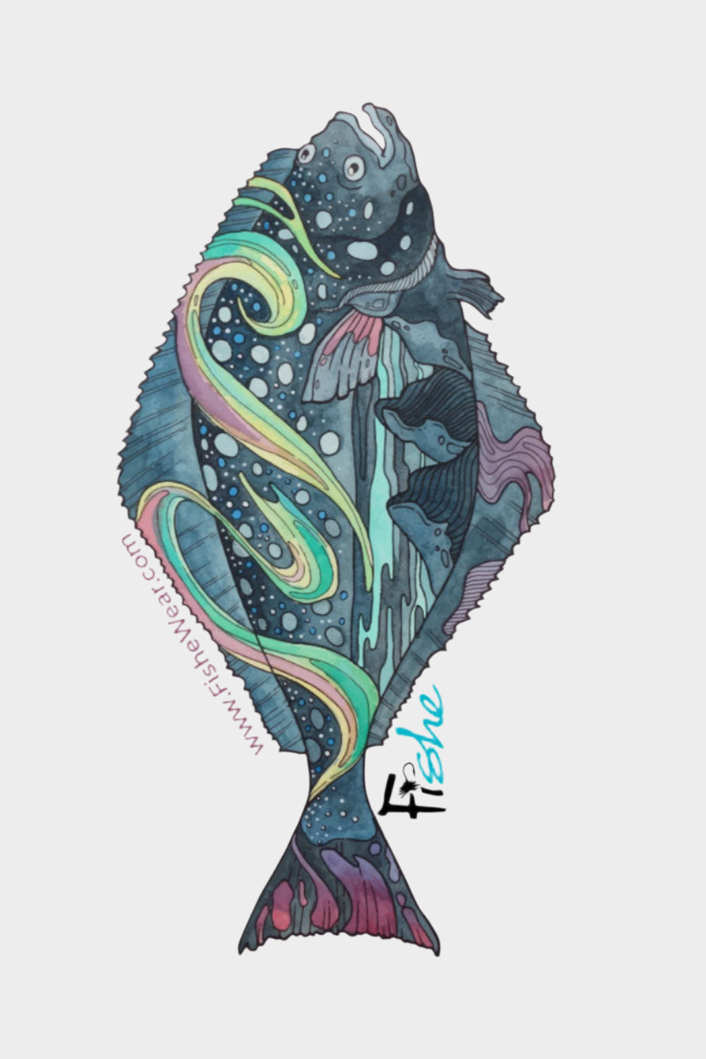 A colorful sticker depicting a fish with abstract patterns in blue, green, and purple on a white background, with the text 'Fishe' at the bottom.