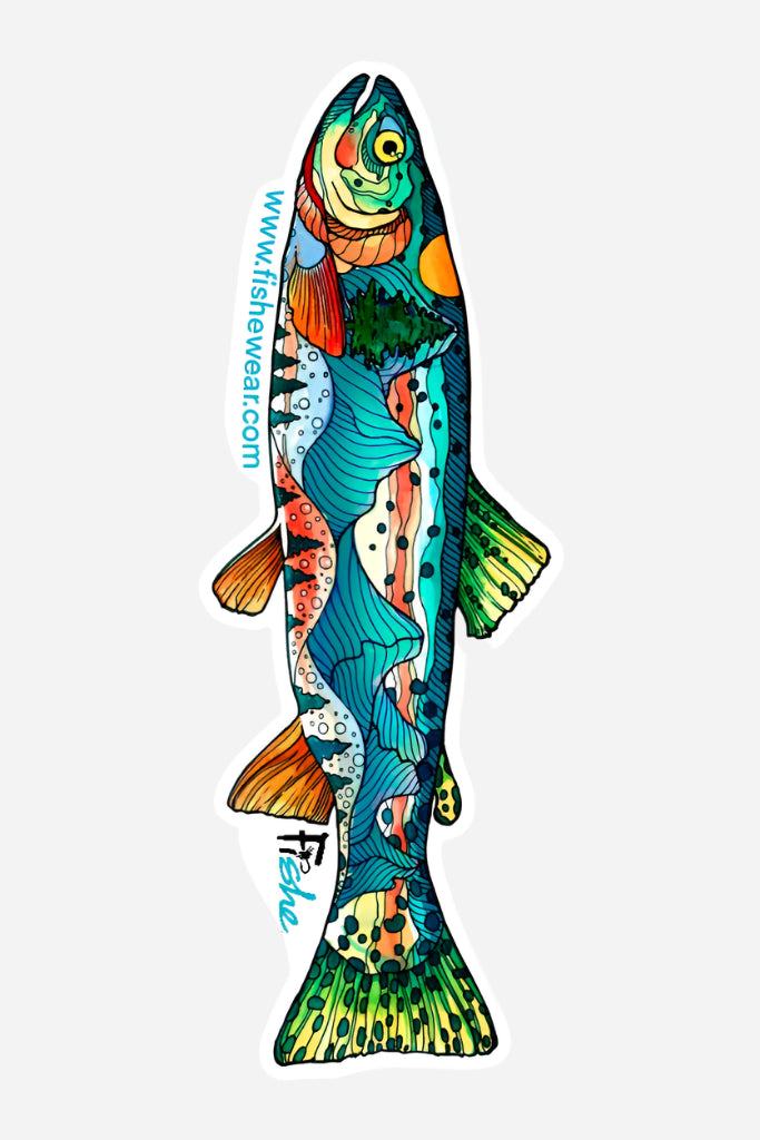 A sticker depicting a colorful fish with mountainous terrain and a brand logo inside the fish design.