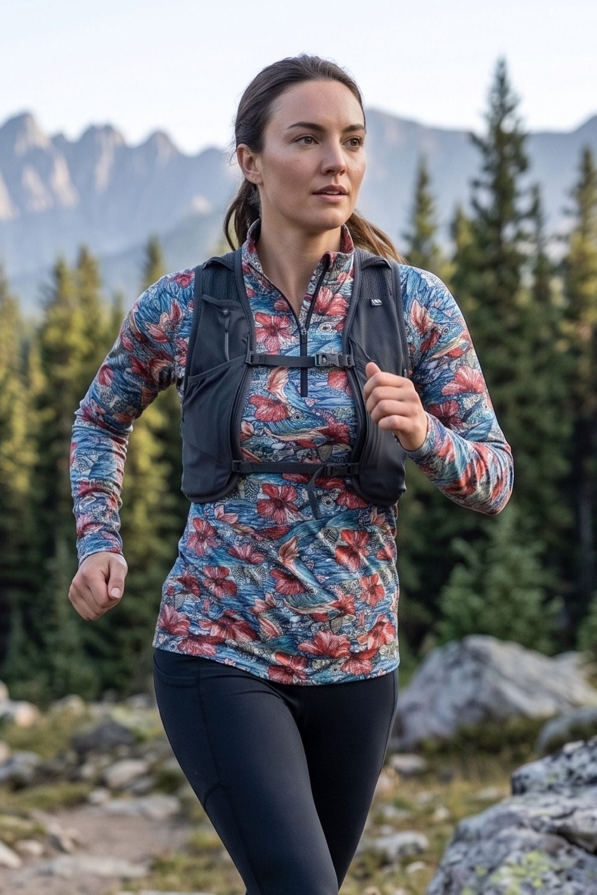 Woman running outdoors with mountains and trees in the background