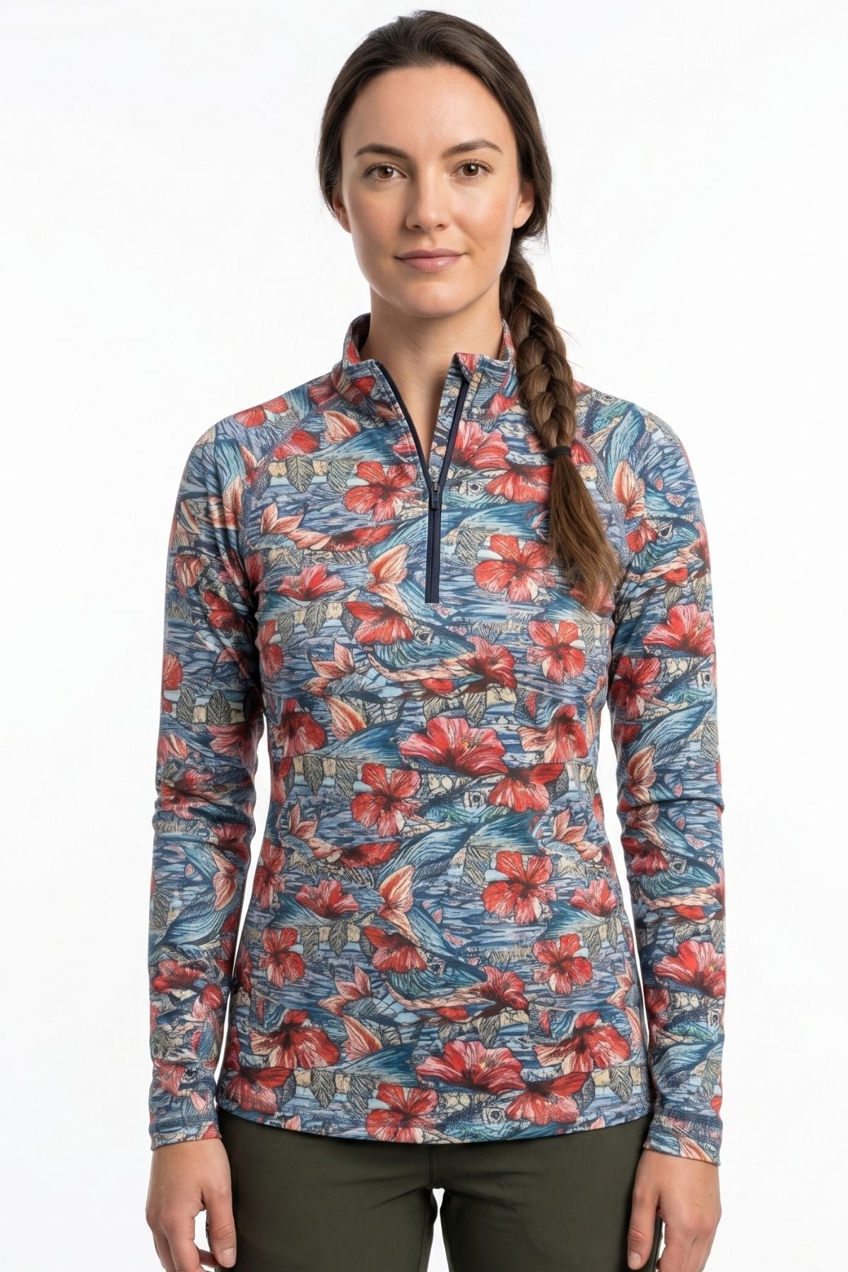Woman wearing a floral patterned long-sleeve shirt on a white background