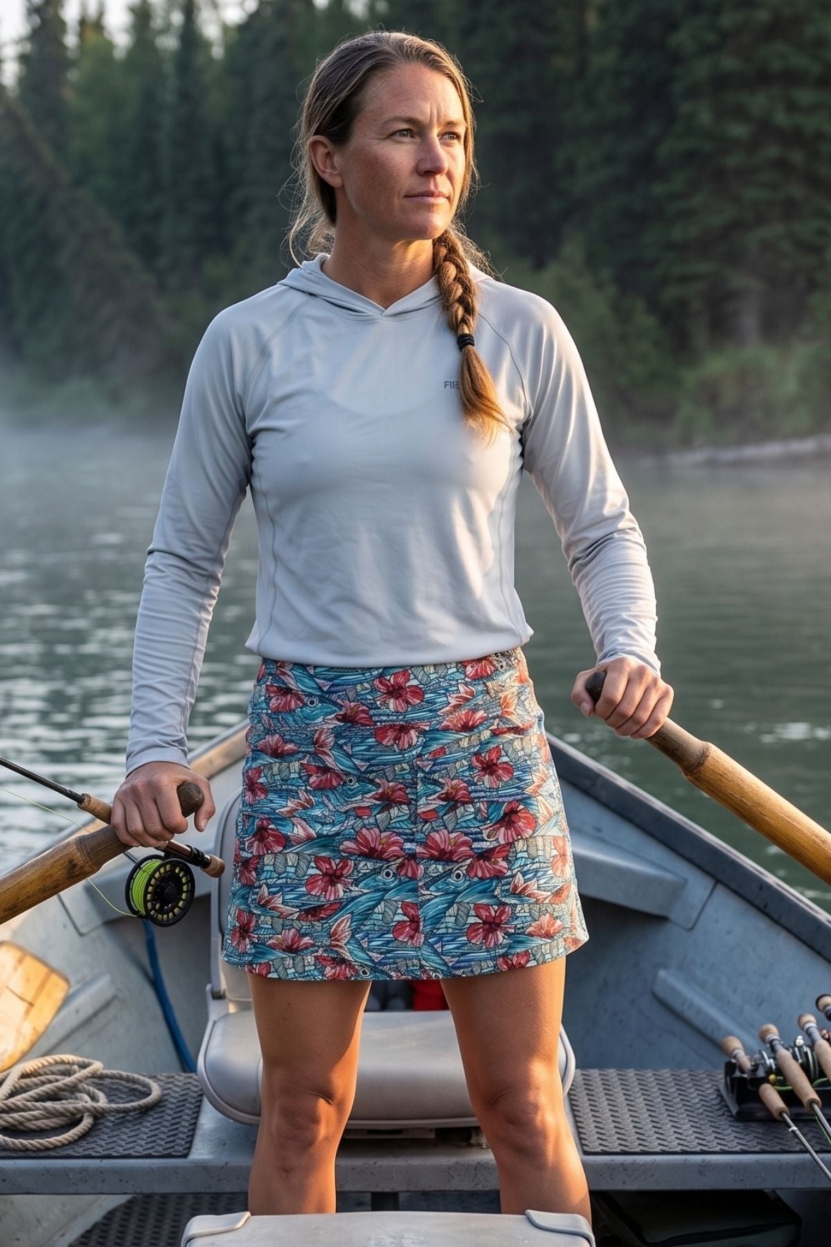 Woman on a boat holding a fishing rod, wearing a light gray long-sleeve shirt and colorful skirt.