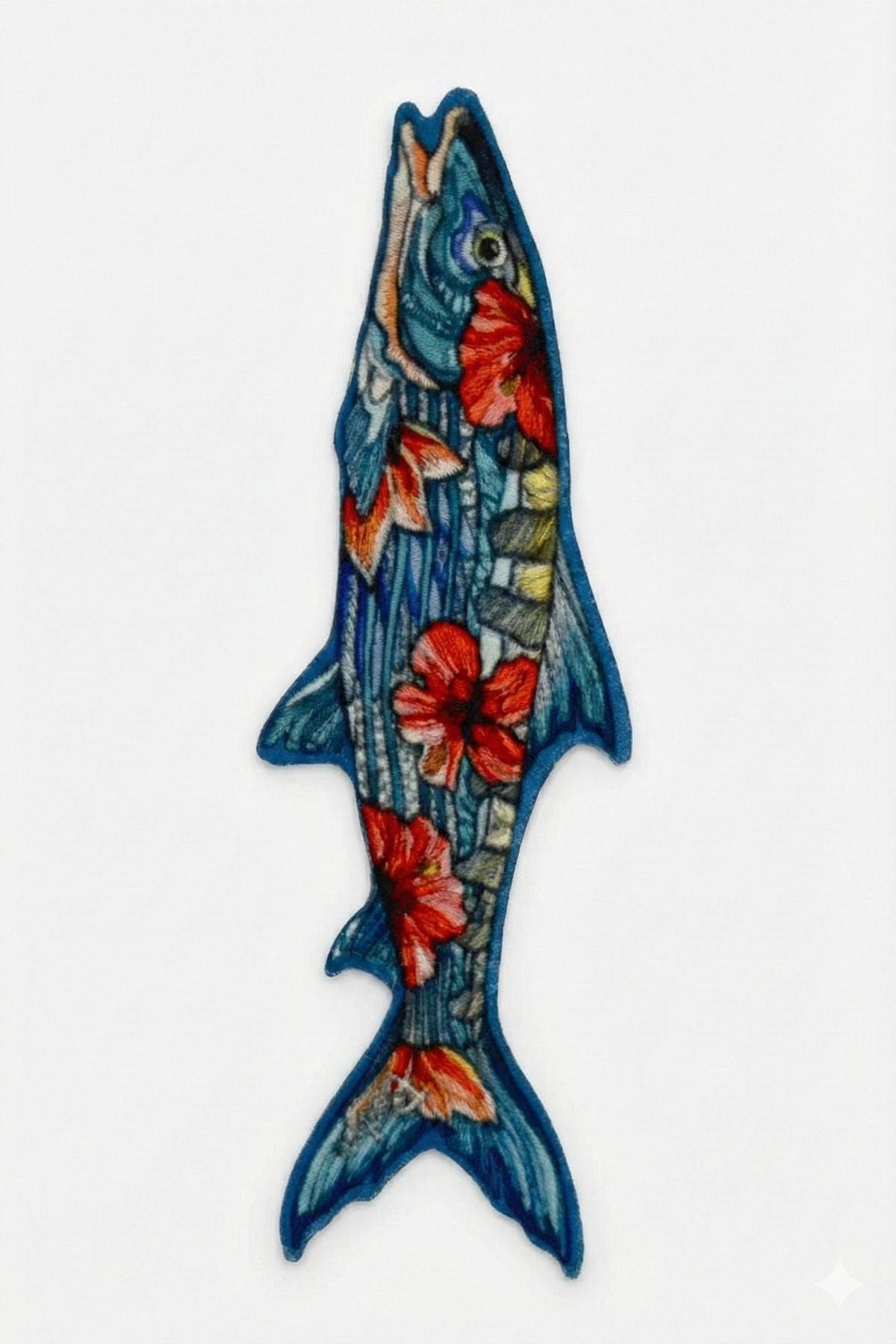 Decorative fish-shaped object with floral patterns on a white background