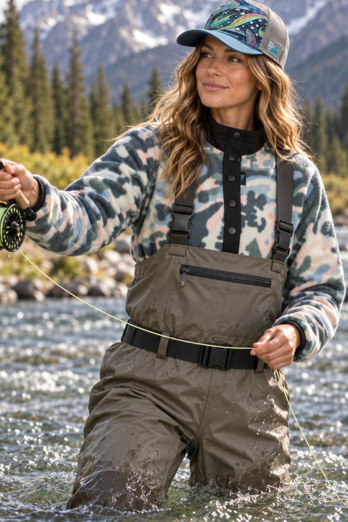 A woman fly fishing in a mountain river, wearing olive green waders, a camouflage fleece pullover, and a patterned baseball cap.