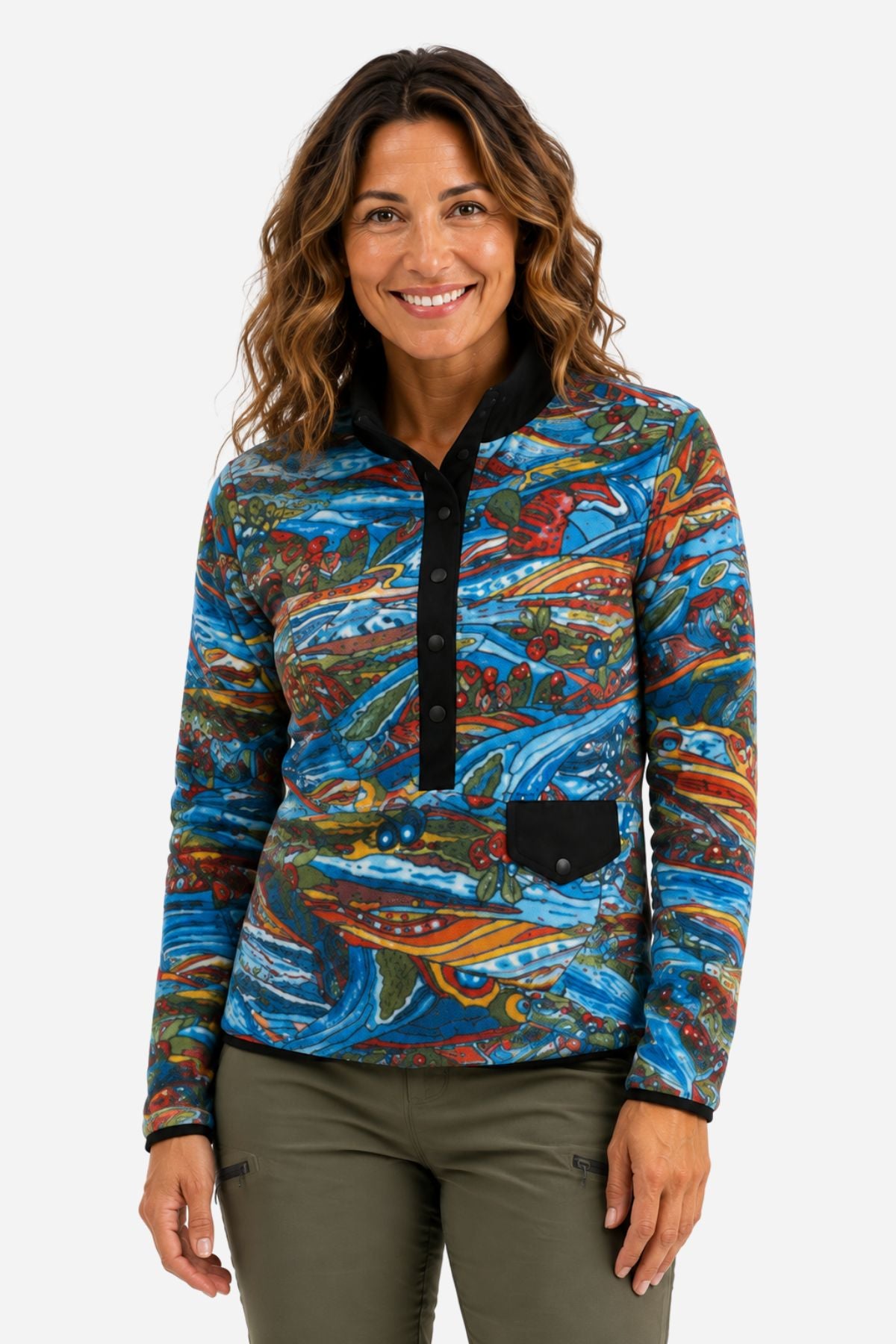 Woman wearing the Charvana Riffle Snap Fleece in a clean front-facing studio portrait.