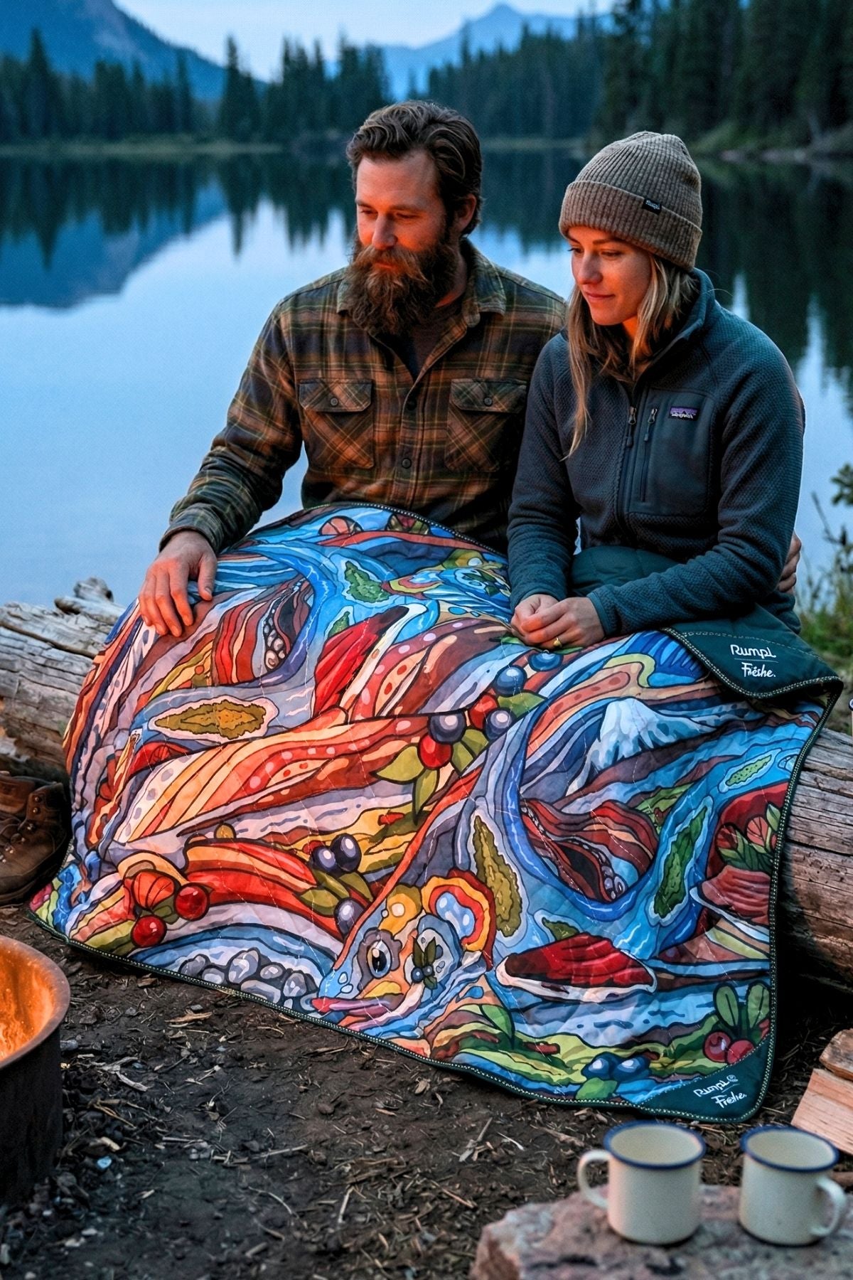 Two people sitting by a lake with a colorful fish-patterned blanket
