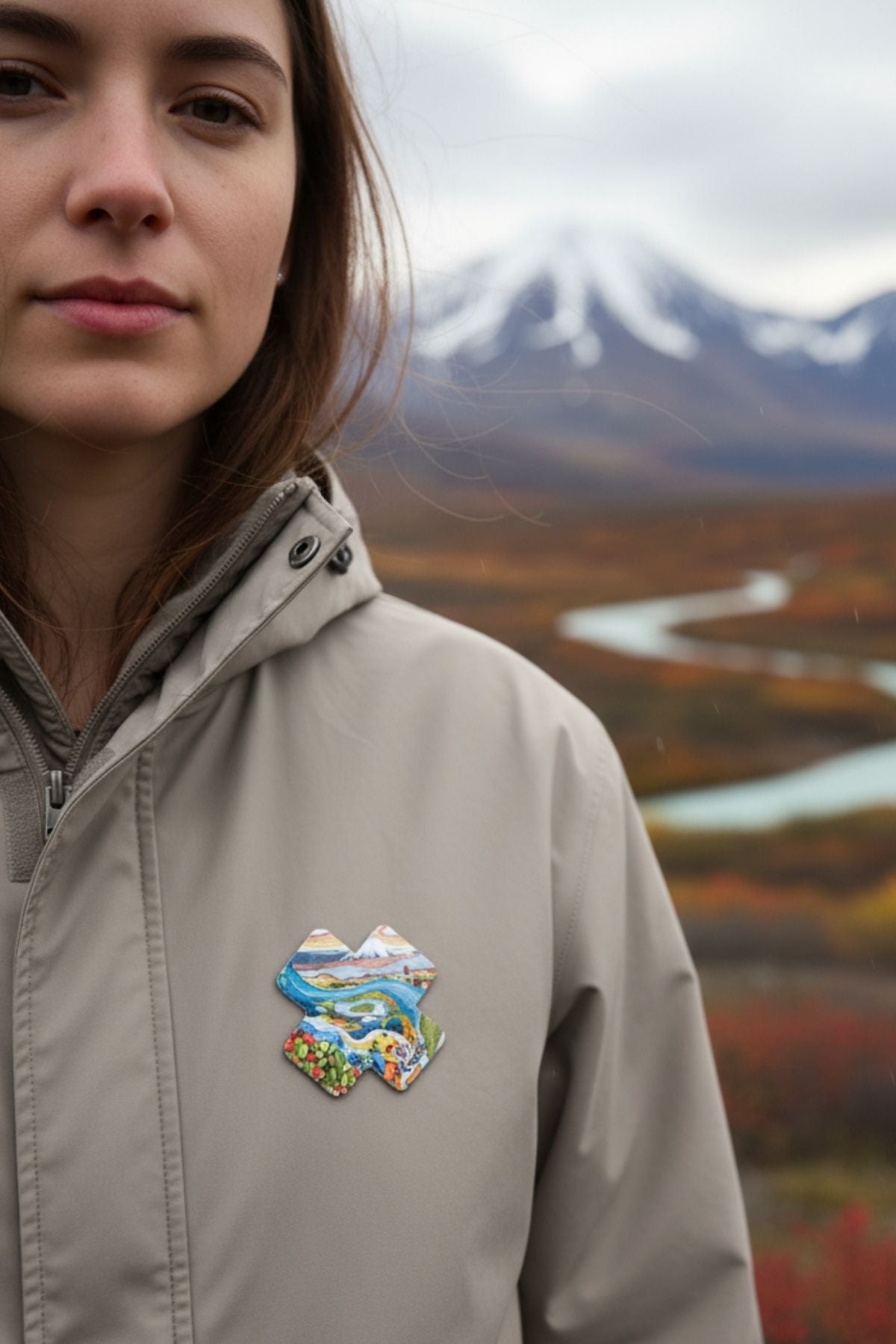 Person wearing a beige jacket with a colorful mountain design in a scenic outdoor setting