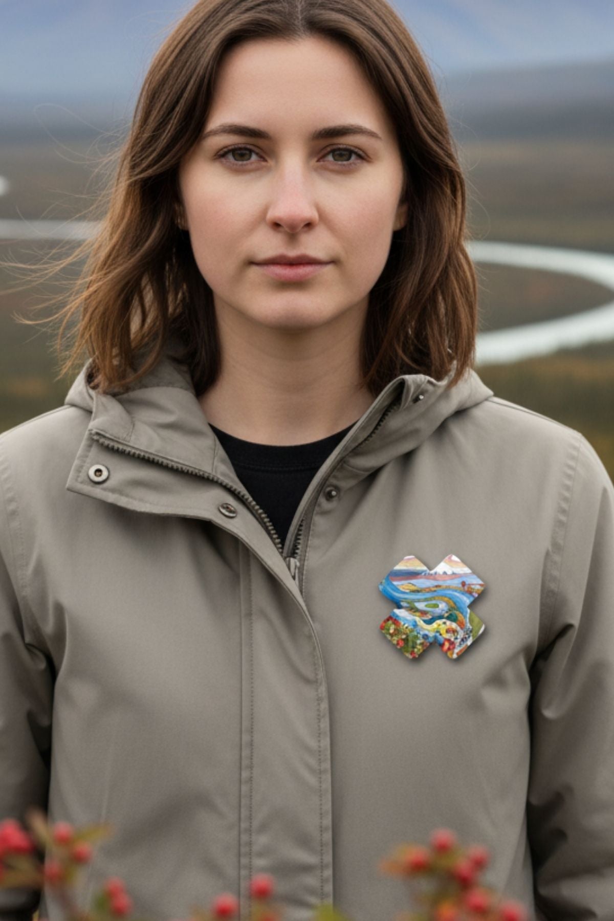 Woman wearing a beige jacket with a colorful emblem in a natural setting