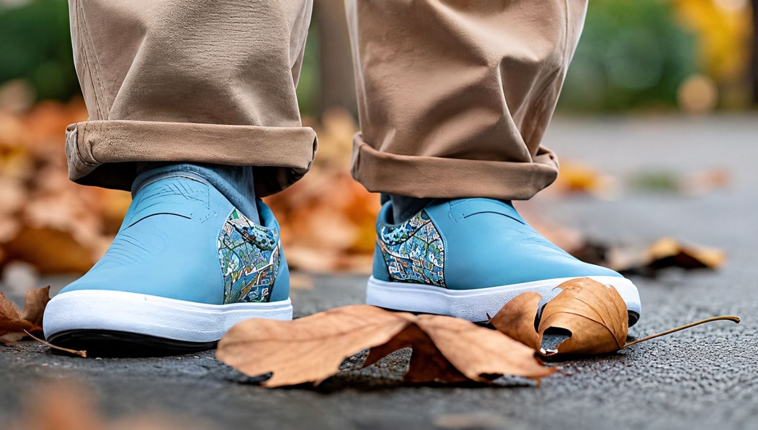 Blue slip-on shoes with floral patterns worn by a person on a pavement with autumn leaves.