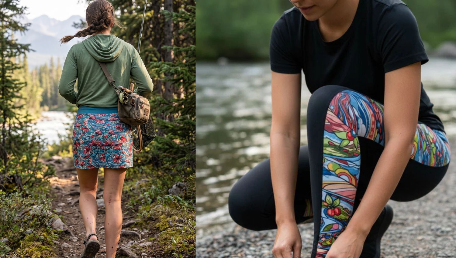 Woman hiking with a colorful skirt and another person wearing colorful leggings by a body of water.