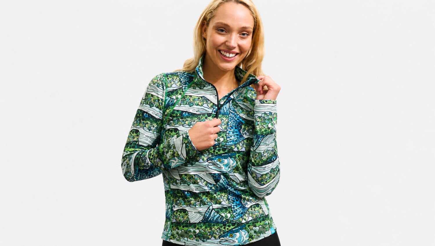Woman wearing a patterned jacket on a white background