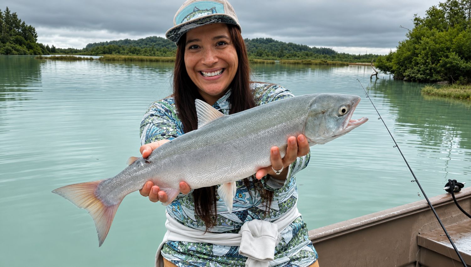 Woman holding a large fish on a lake with trees in the background