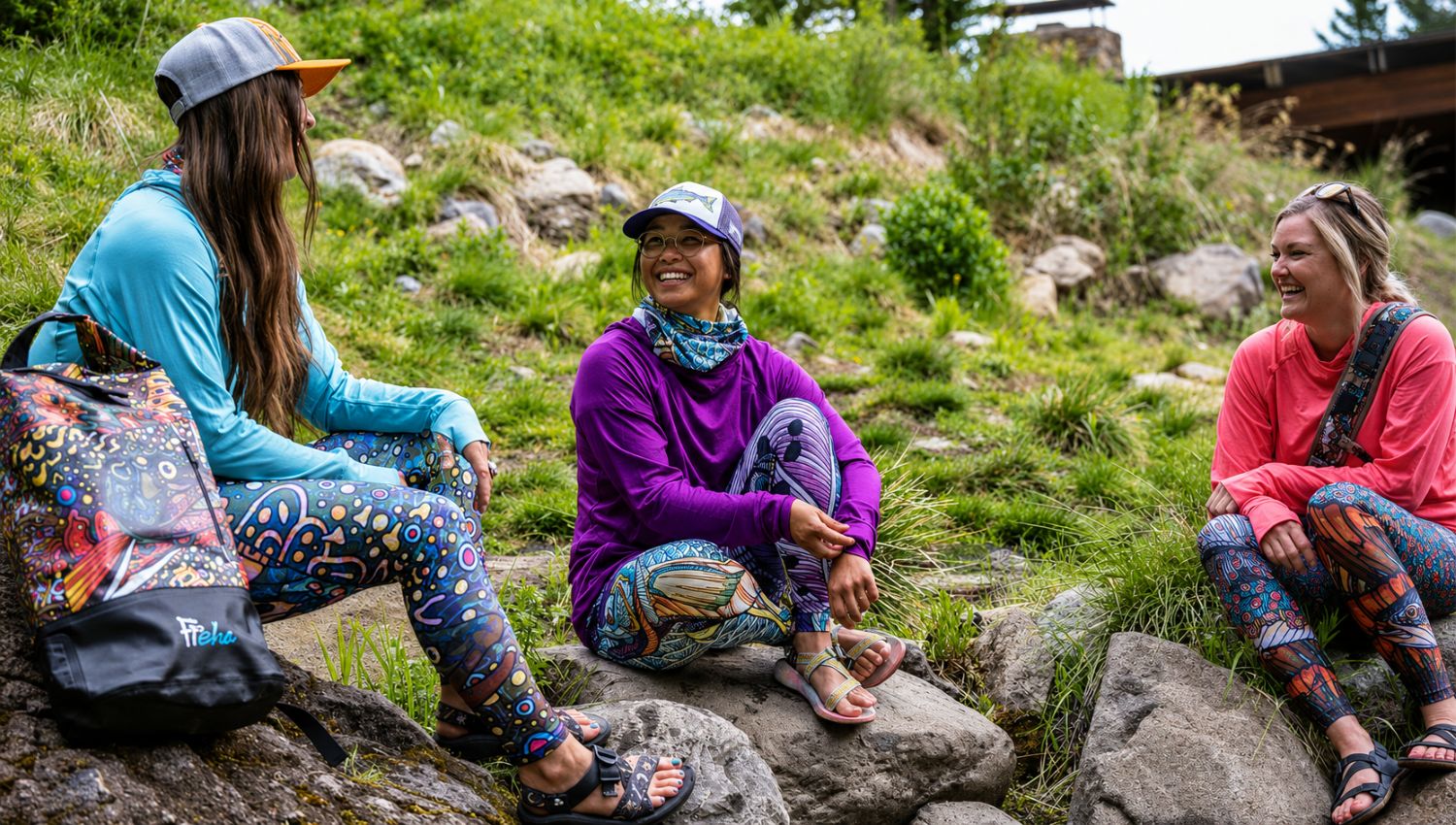 Three women sitting on rocks in a natural setting, wearing colorful outdoor clothing and hats.