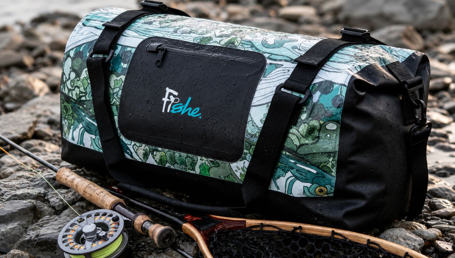 Fishing gear bag with floral pattern and 'Fishe' logo on a rocky surface