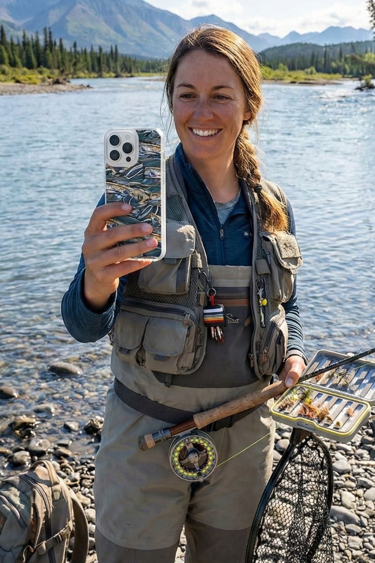 Person taking a selfie by a river with fishing gear and a phone case.