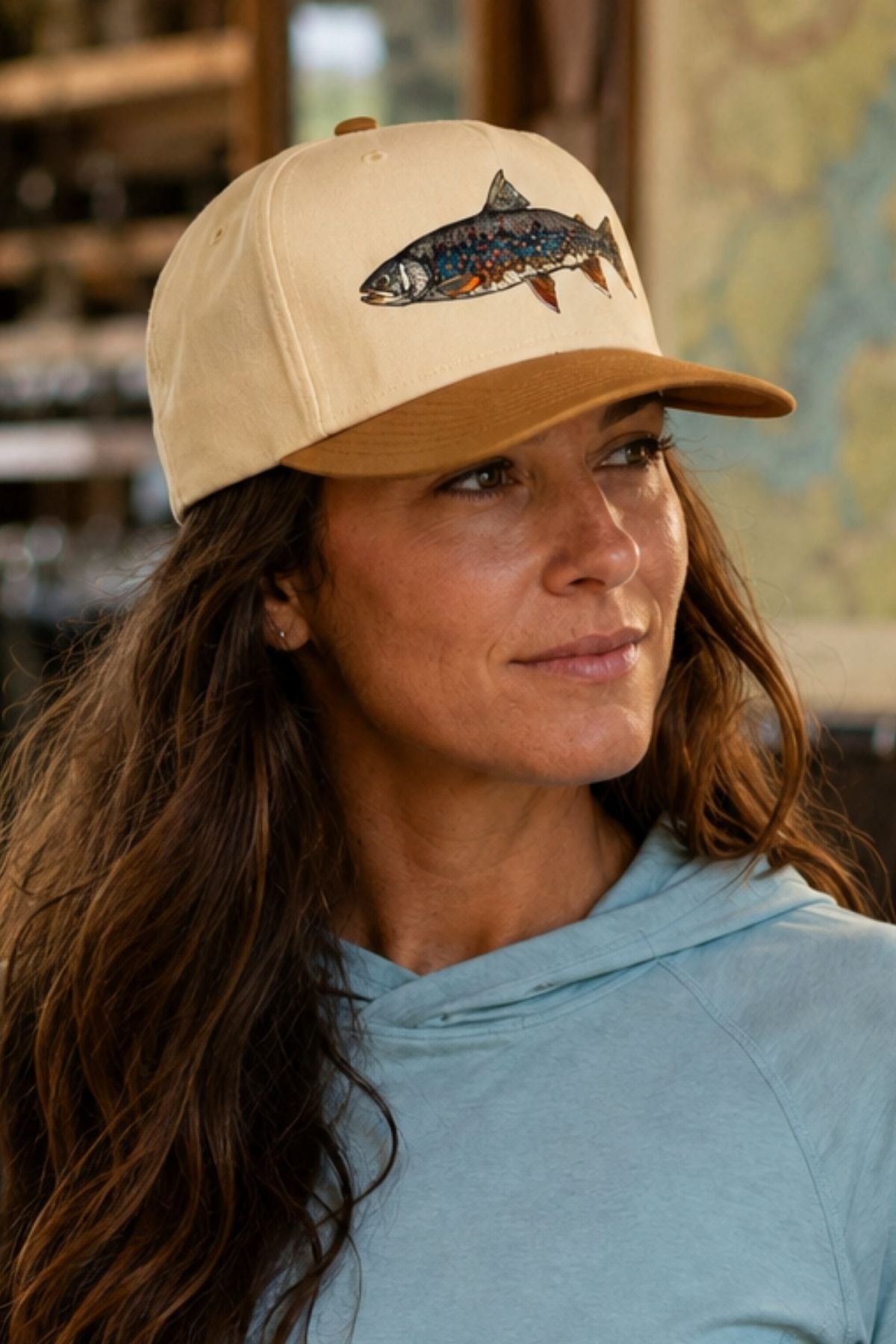 Close-up of Dolly Vee Twill Trucker Hat cotton twill and printed artwork