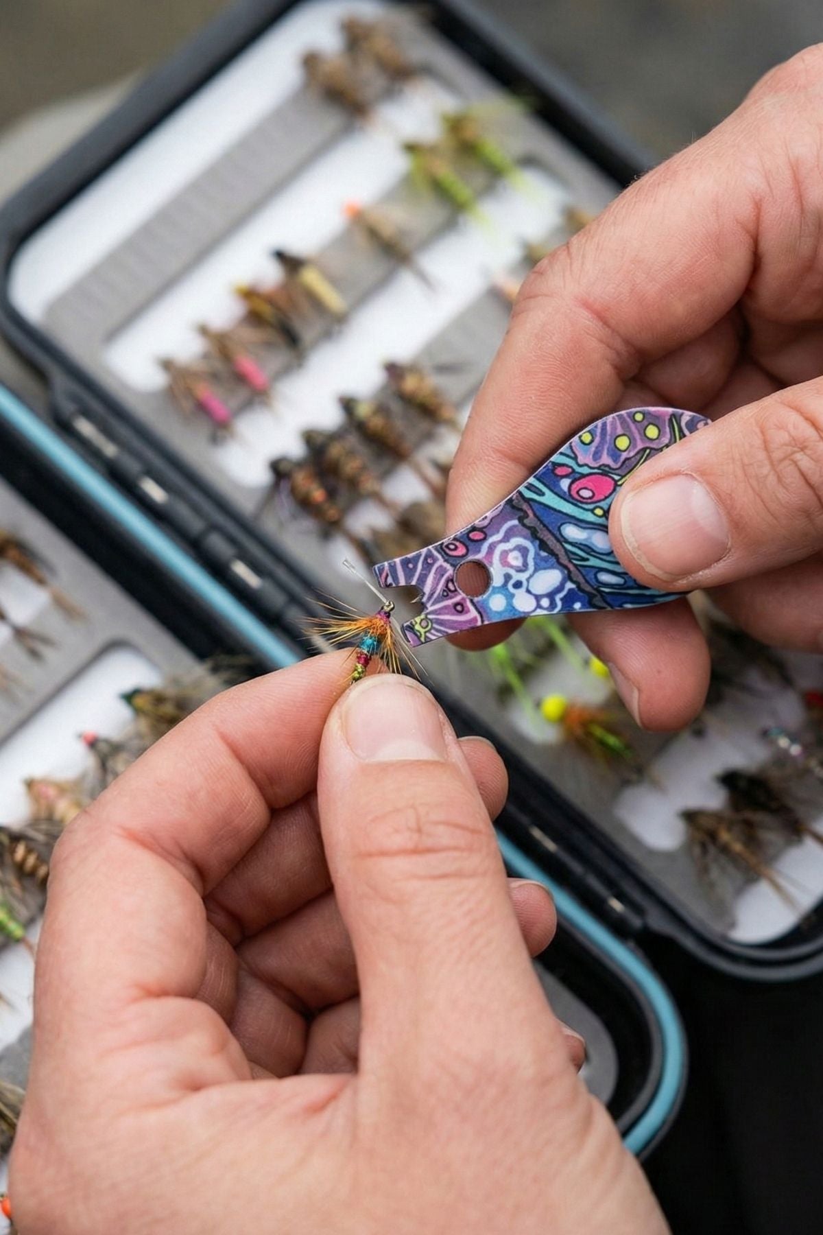 Close-up of a person holding a colorful fly fishing lure with a fly box in the background.