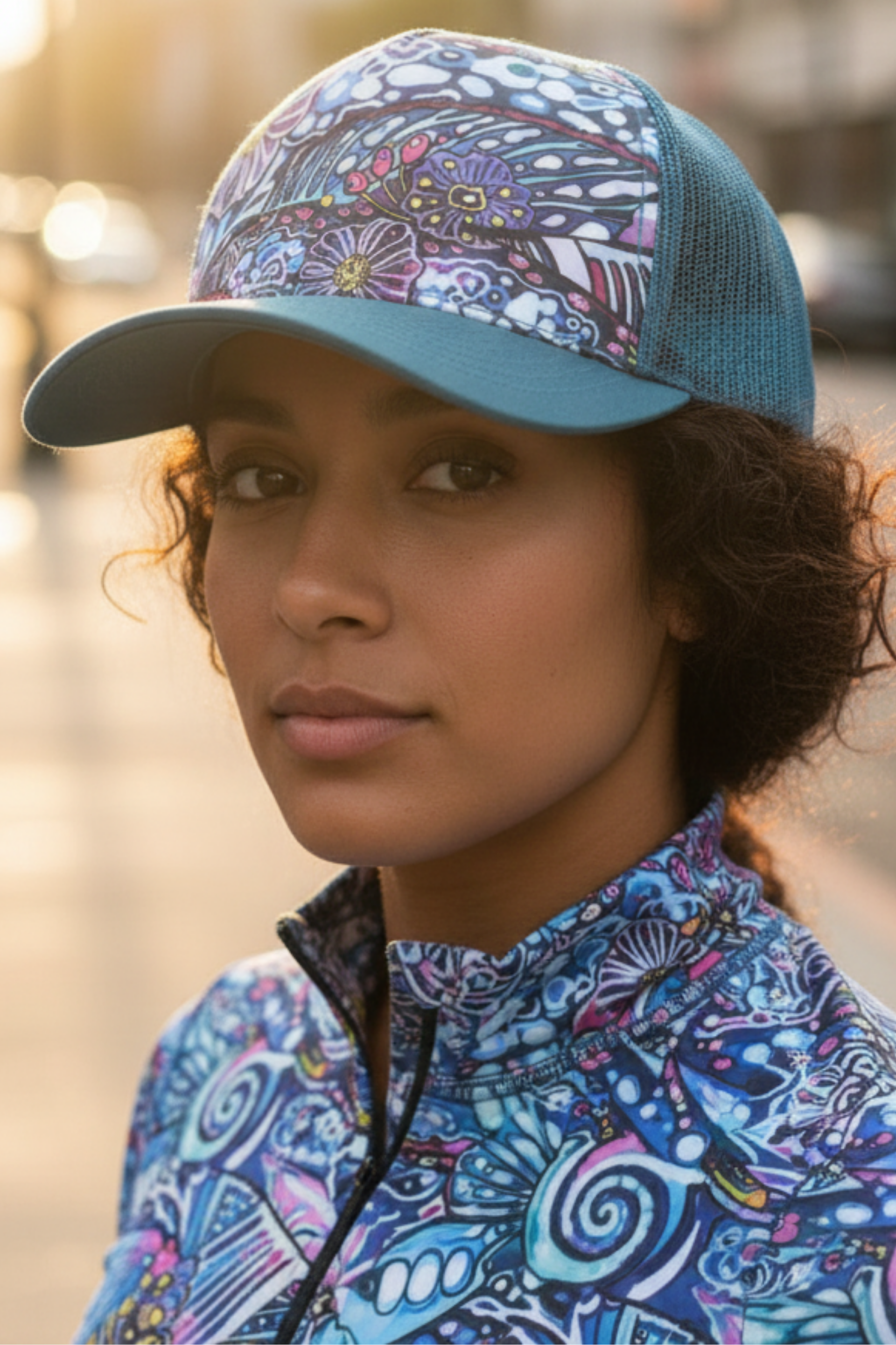Person wearing a colorful cap and jacket with a blurred background