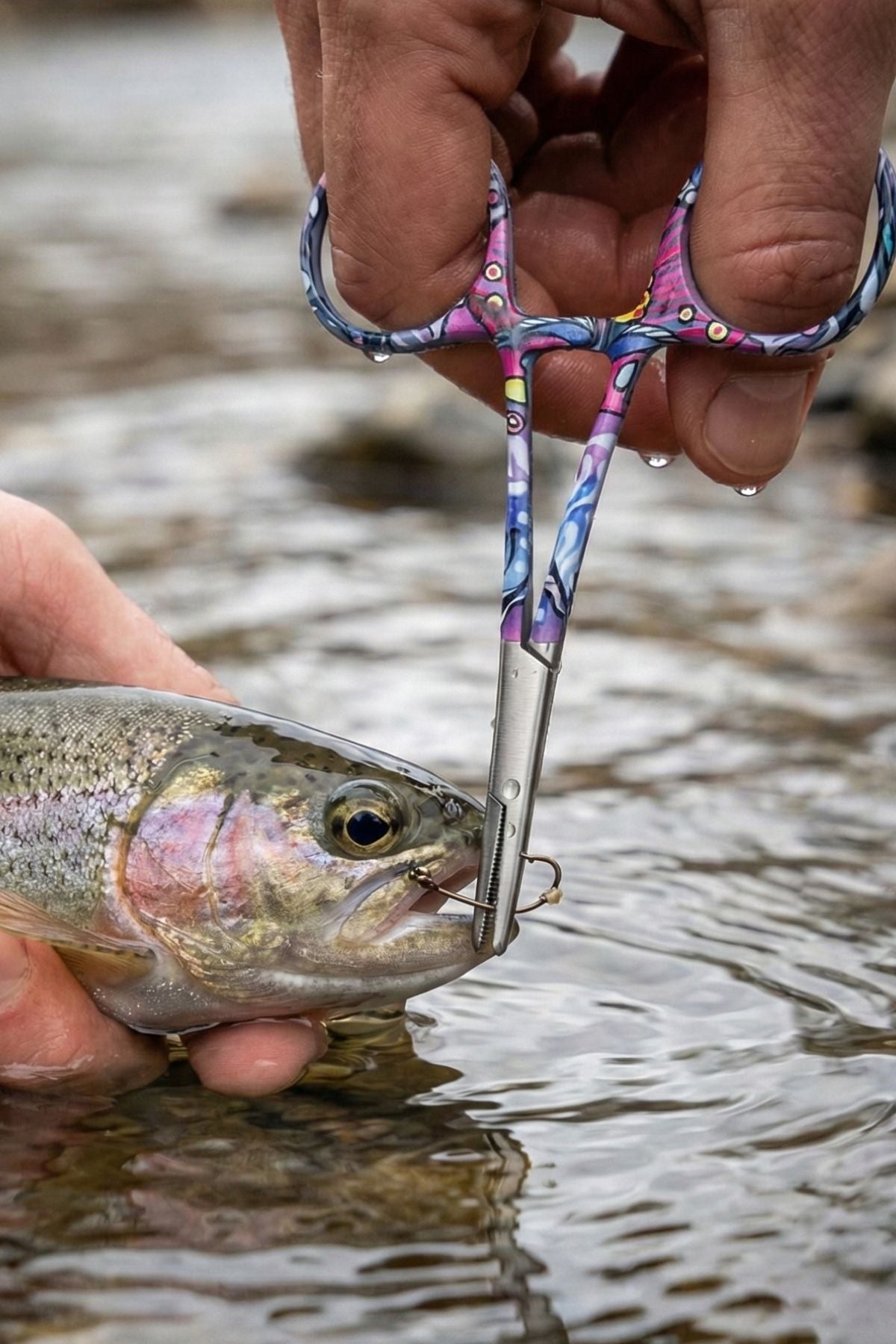 Person holding a fish with a hook near water