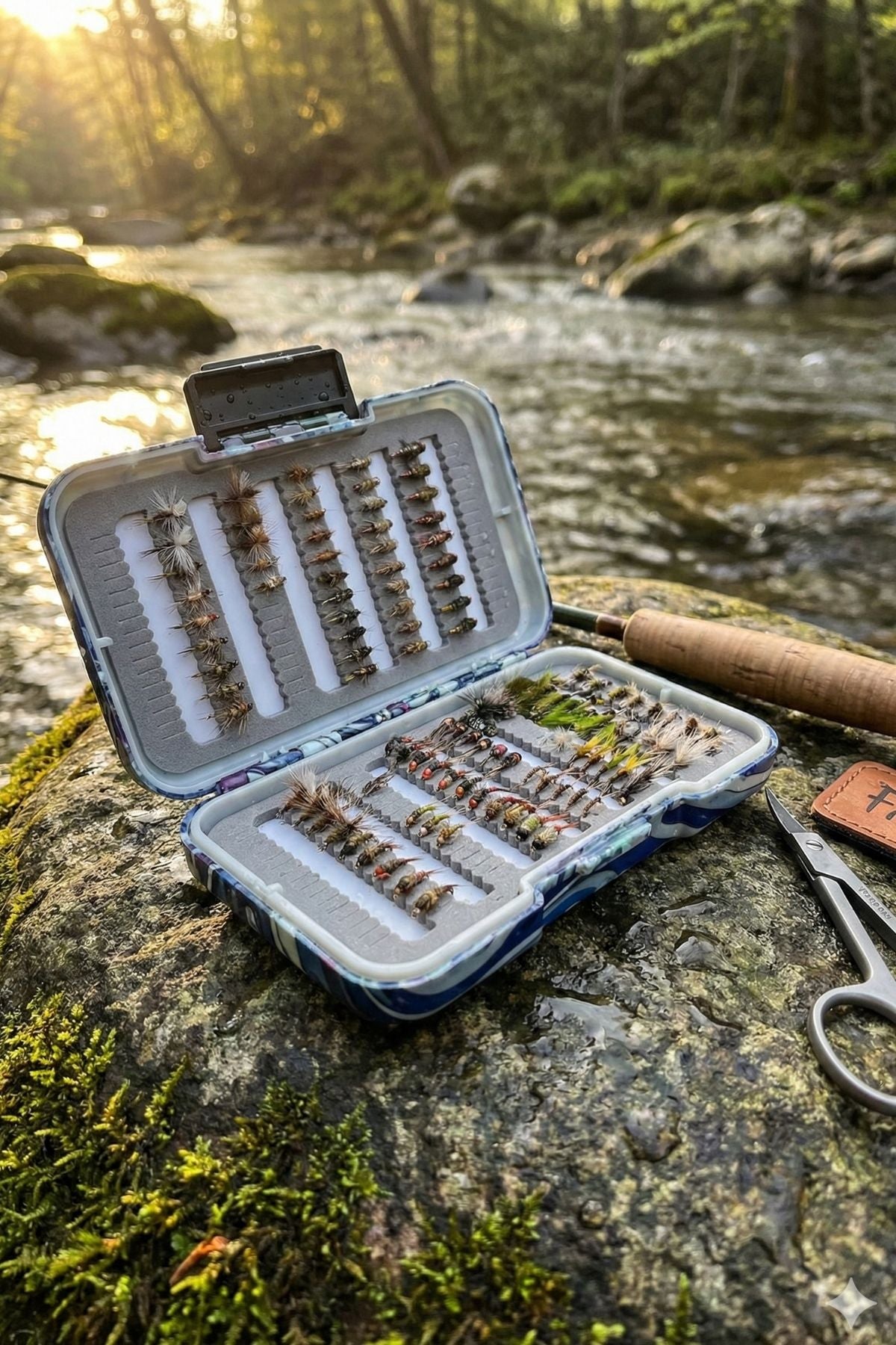Fly fishing lure box with lures on a rock by a stream