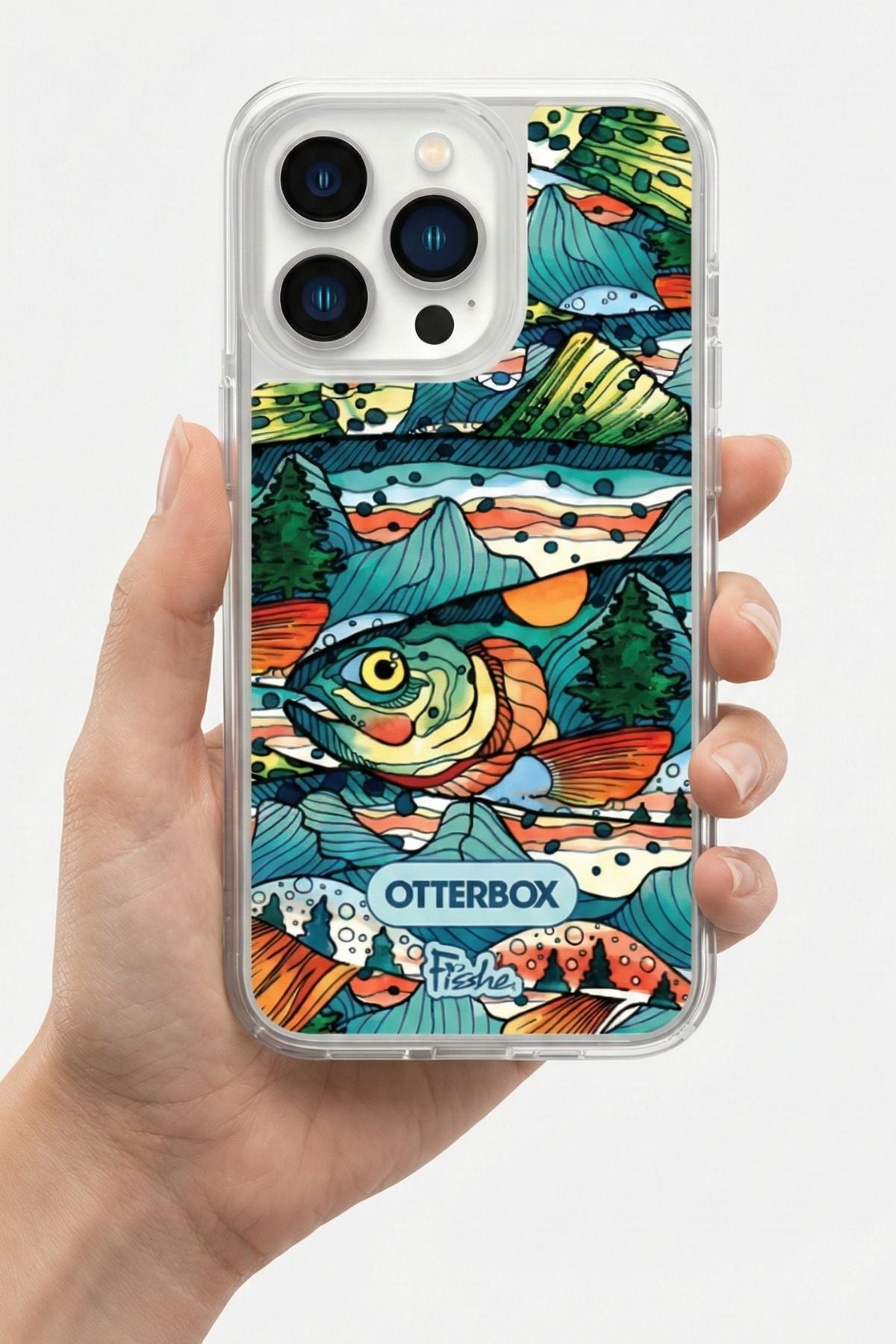 Phone case with colorful fish design held by a hand, brand 'OtterBox' visible