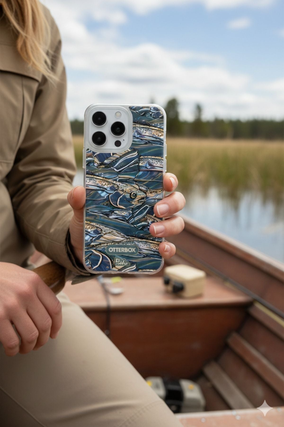 Person holding a phone with a blue marble case by a lake