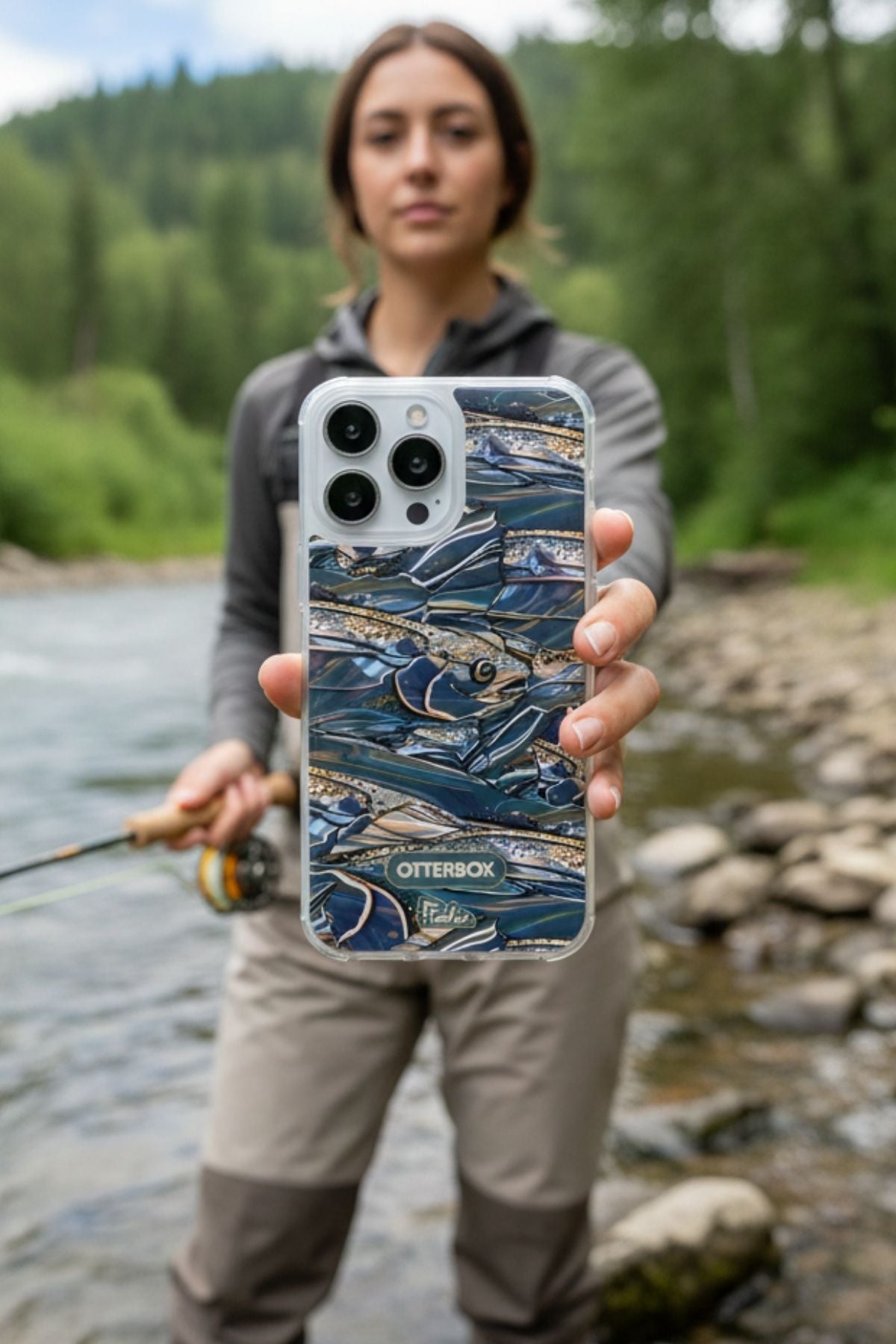 Person holding a phone with a nature-themed case by a river