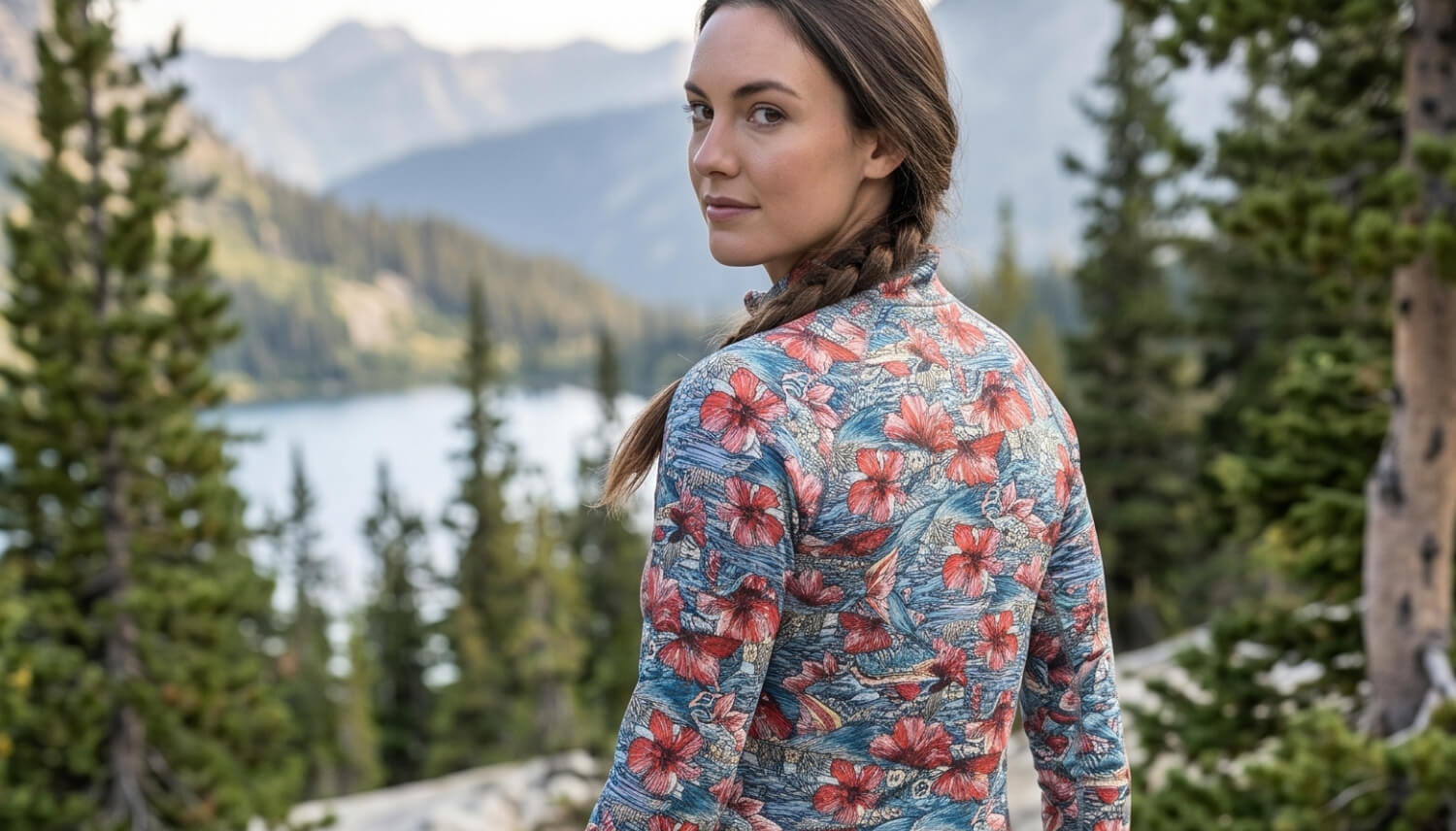 Woman wearing a floral patterned long-sleeve shirt in a mountainous landscape with trees and water.