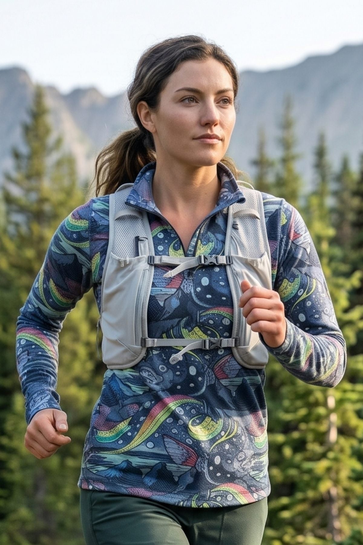 Woman wearing a colorful patterned jacket with a vest in a mountainous forest setting