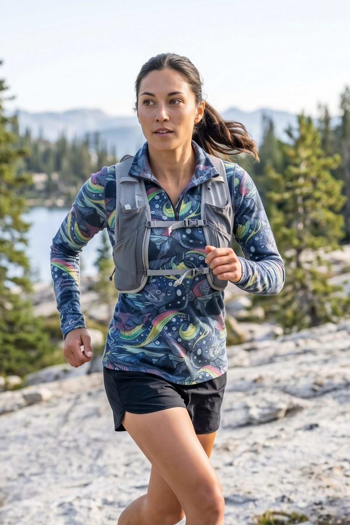 Woman running outdoors in a colorful jacket and shorts with mountains in the background