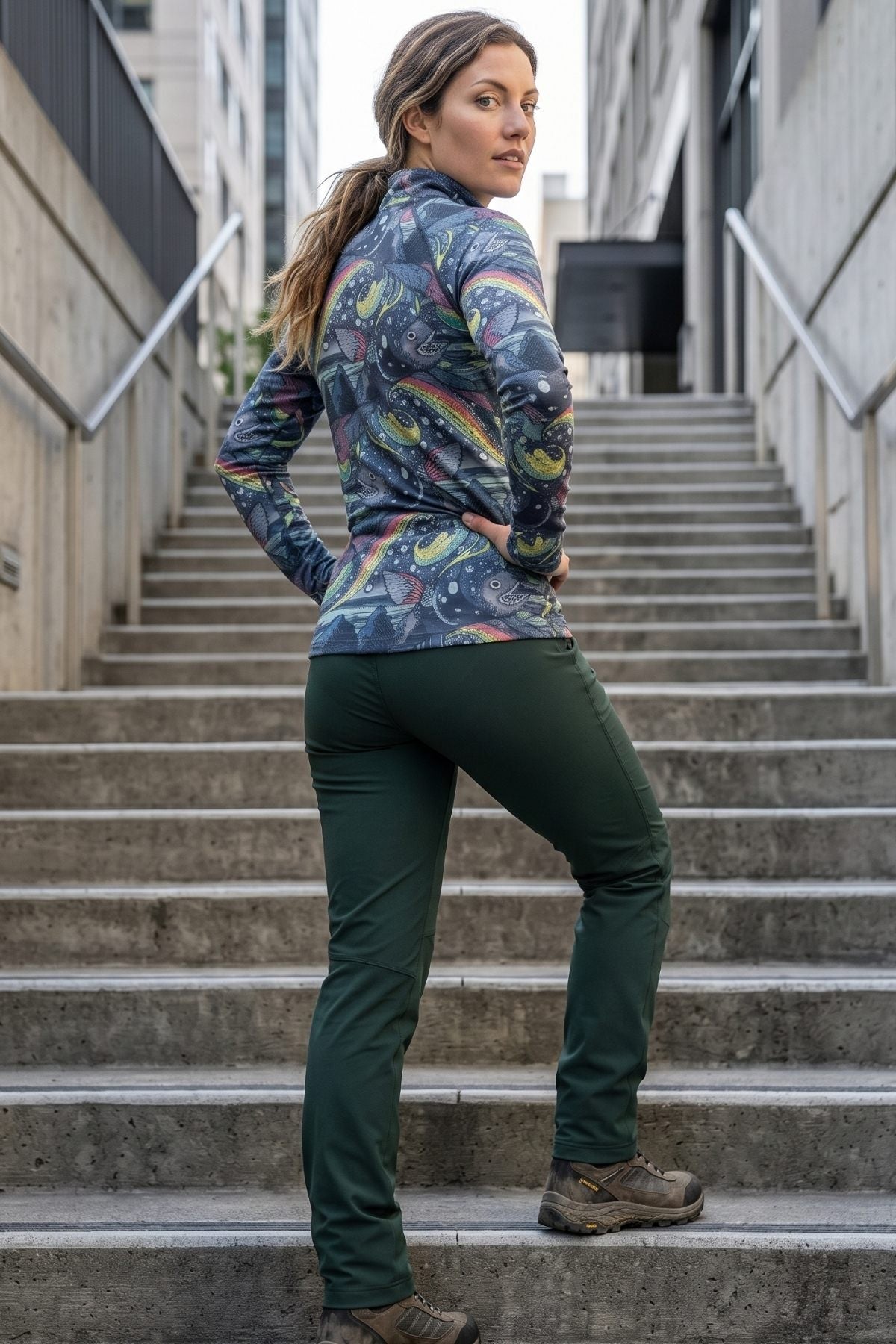 Woman wearing a colorful jacket and green pants standing on concrete stairs in an urban setting
