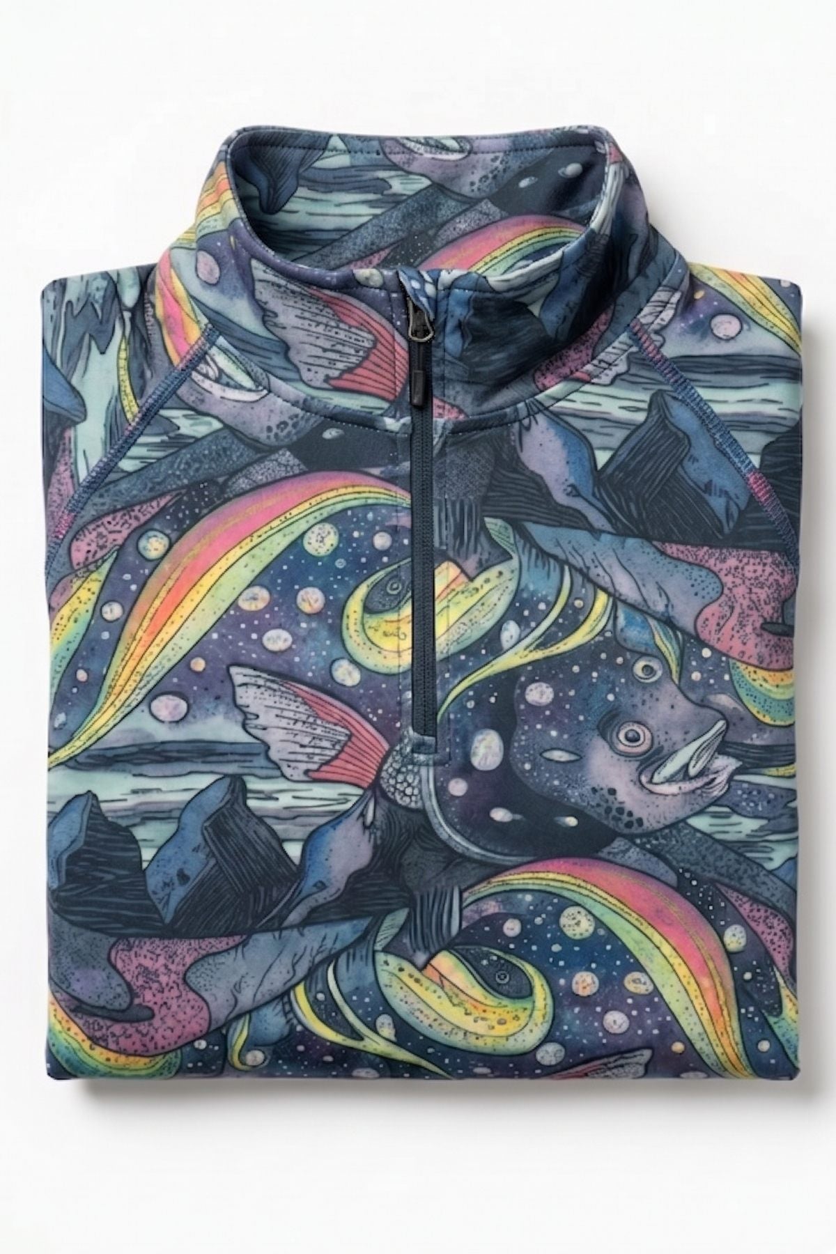 Colorful half-zip sweatshirt with fish and rainbow design on a white background