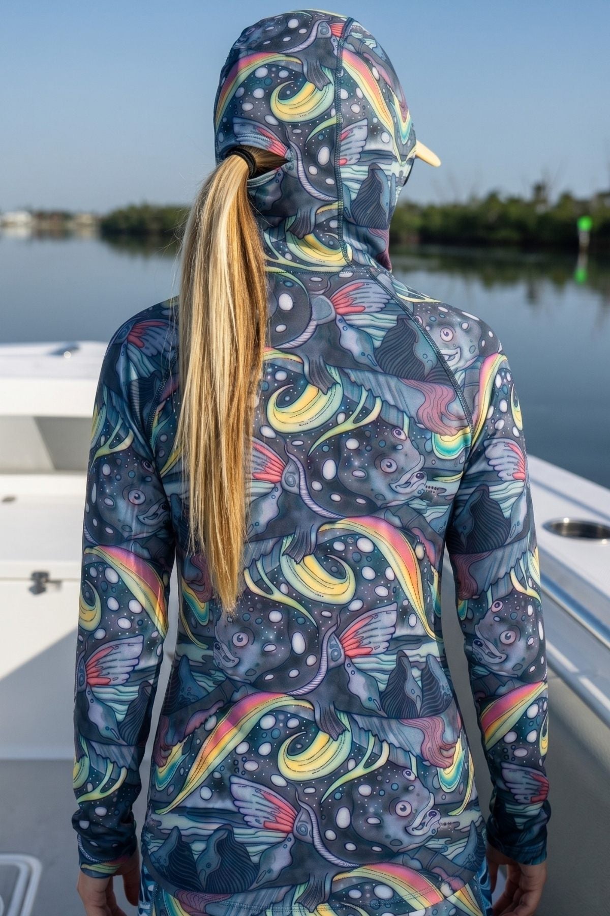 Person wearing a colorful hooded jacket with a pattern on a boat