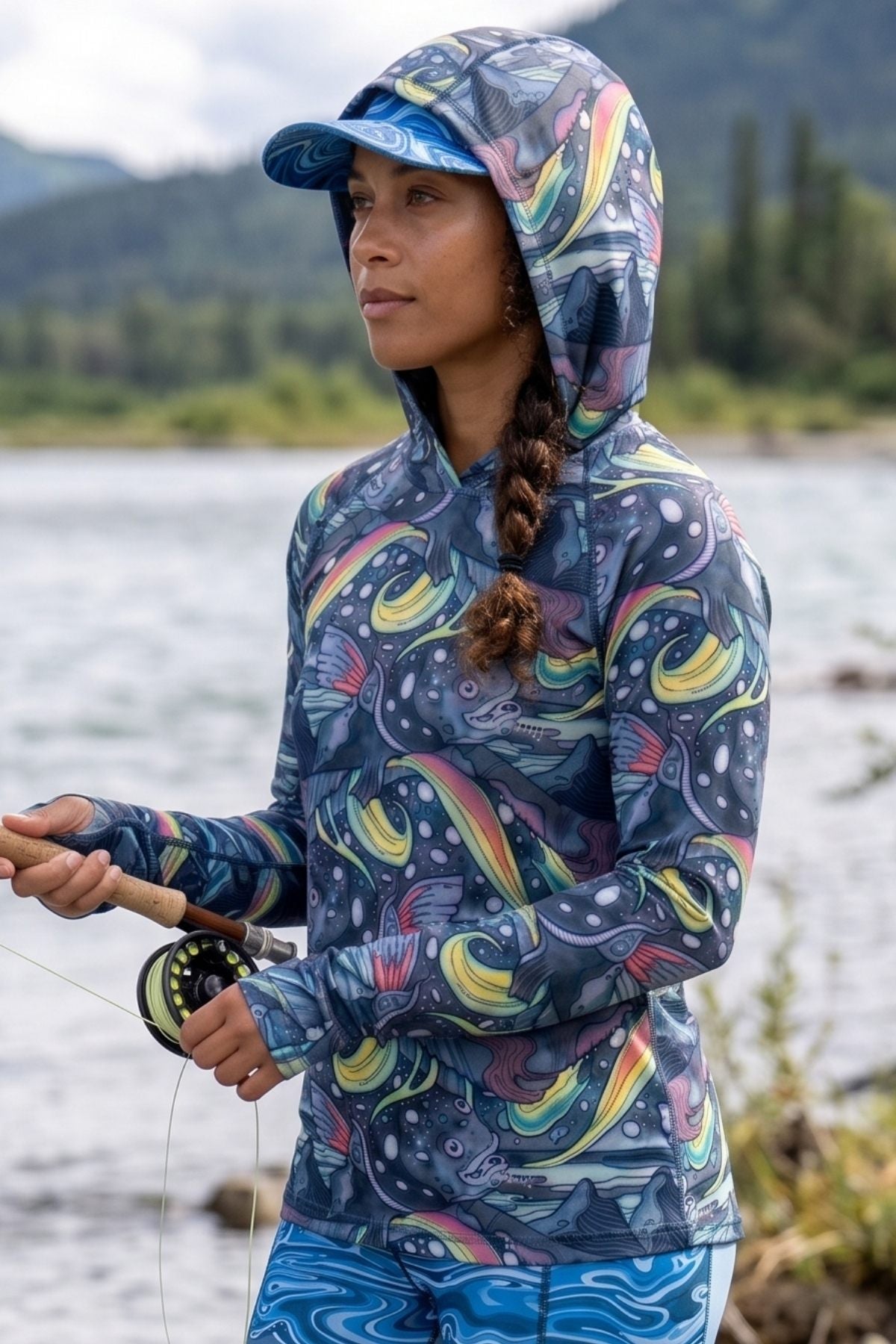 Person wearing a colorful hooded jacket by a body of water with mountains in the background
