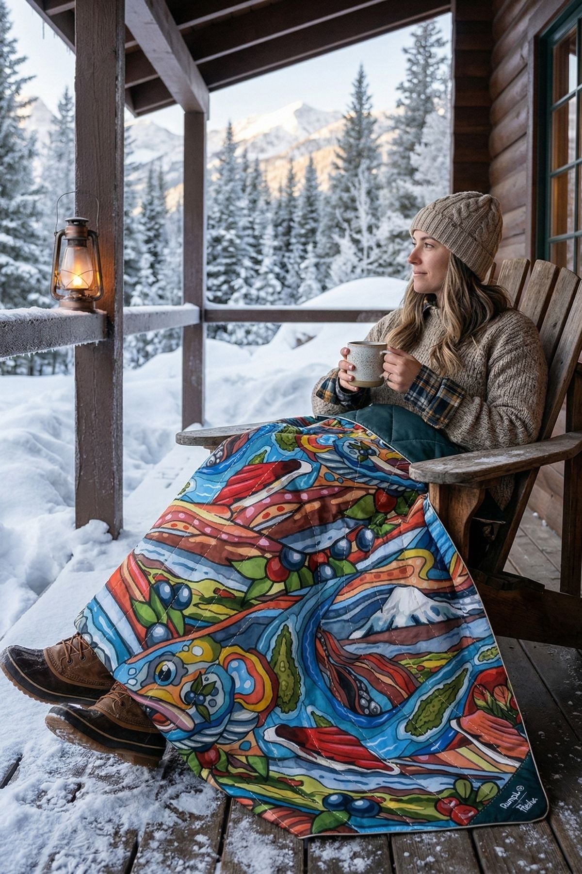 Woman sitting on a wooden chair with a colorful blanket, enjoying a cup of coffee on a snowy porch.