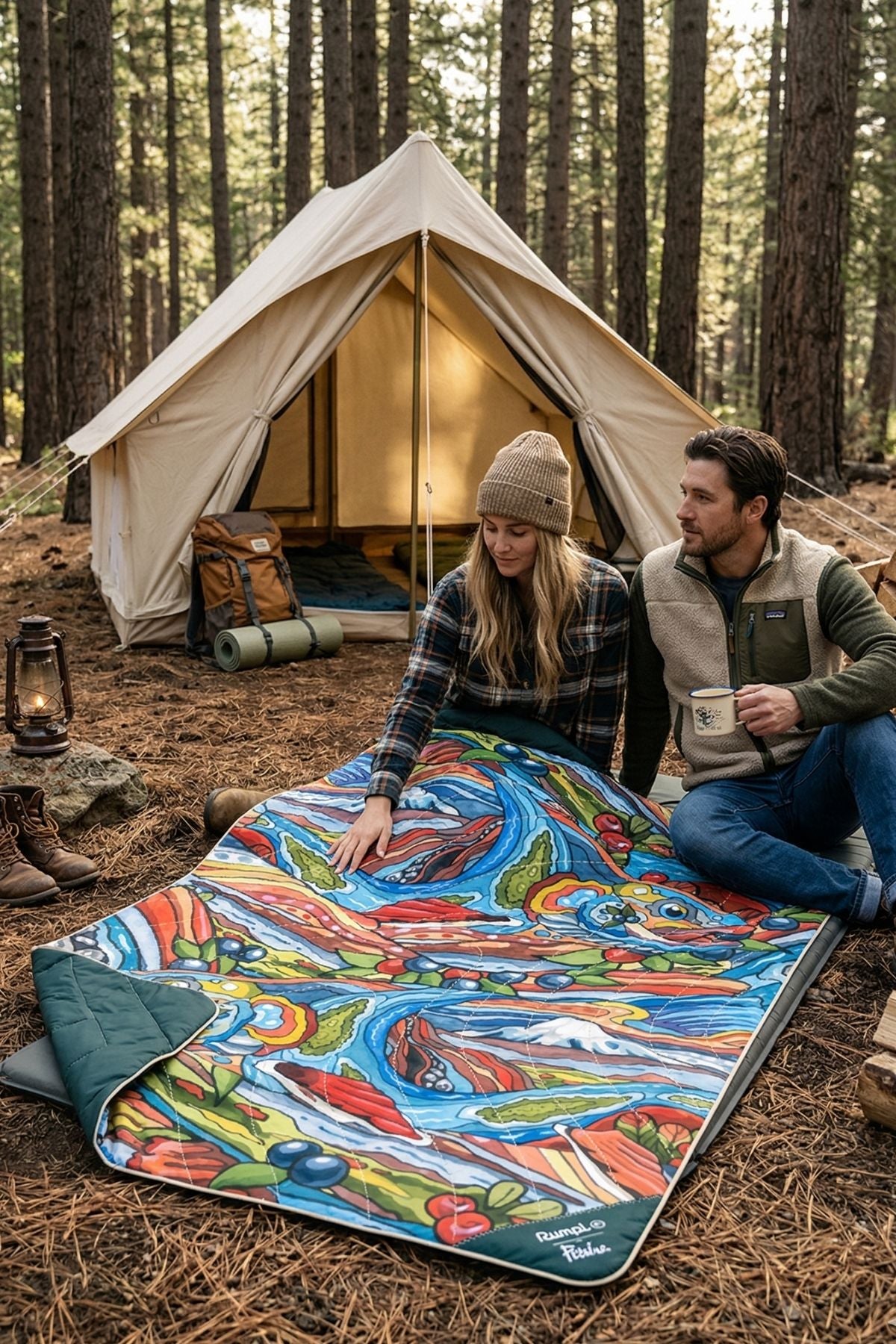 Two people sitting on a colorful camping mat in front of a tent in a forest.