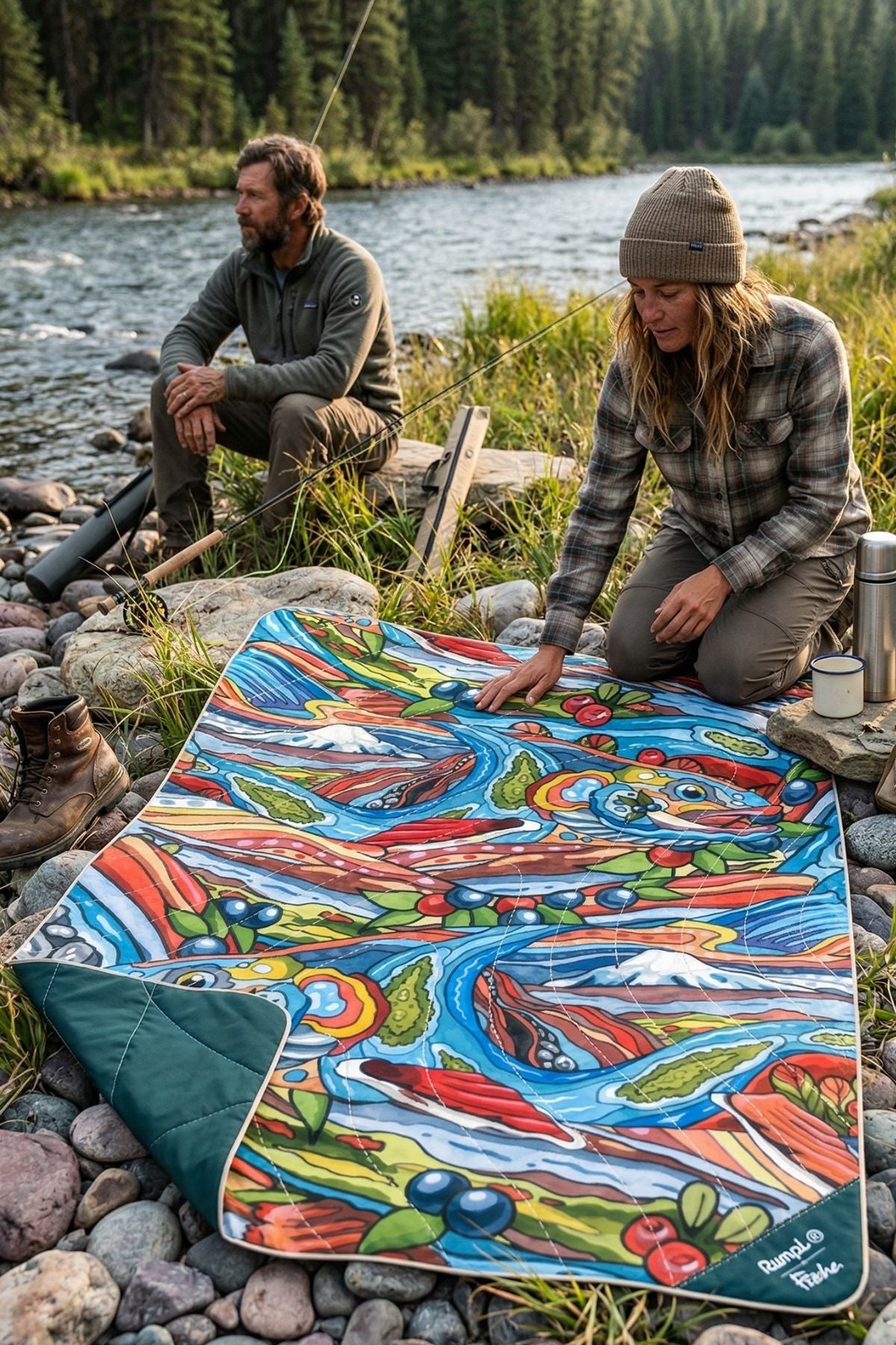 Two people sitting by a river with a colorful nature-themed blanket