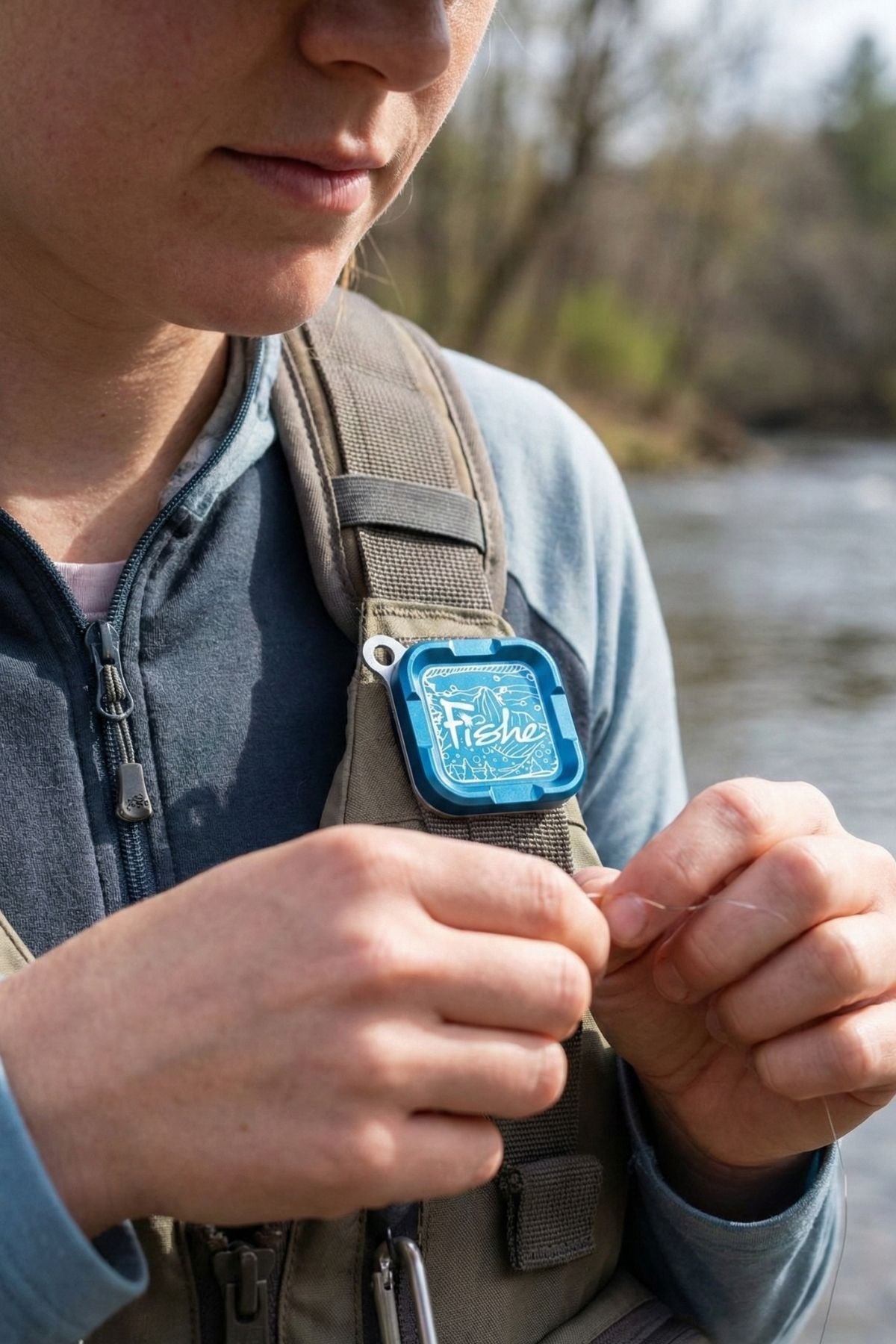 Person outdoors by a river, wearing a fishing vest with a visible brand logo.
