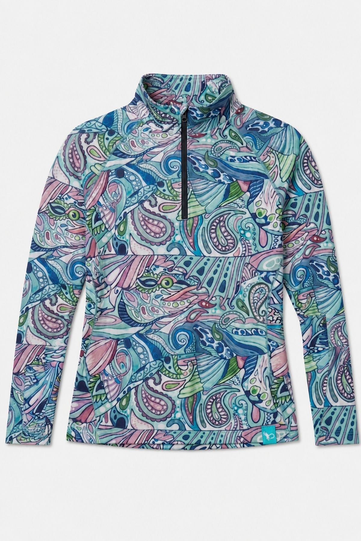 Colorful patterned long-sleeve shirt on a white background