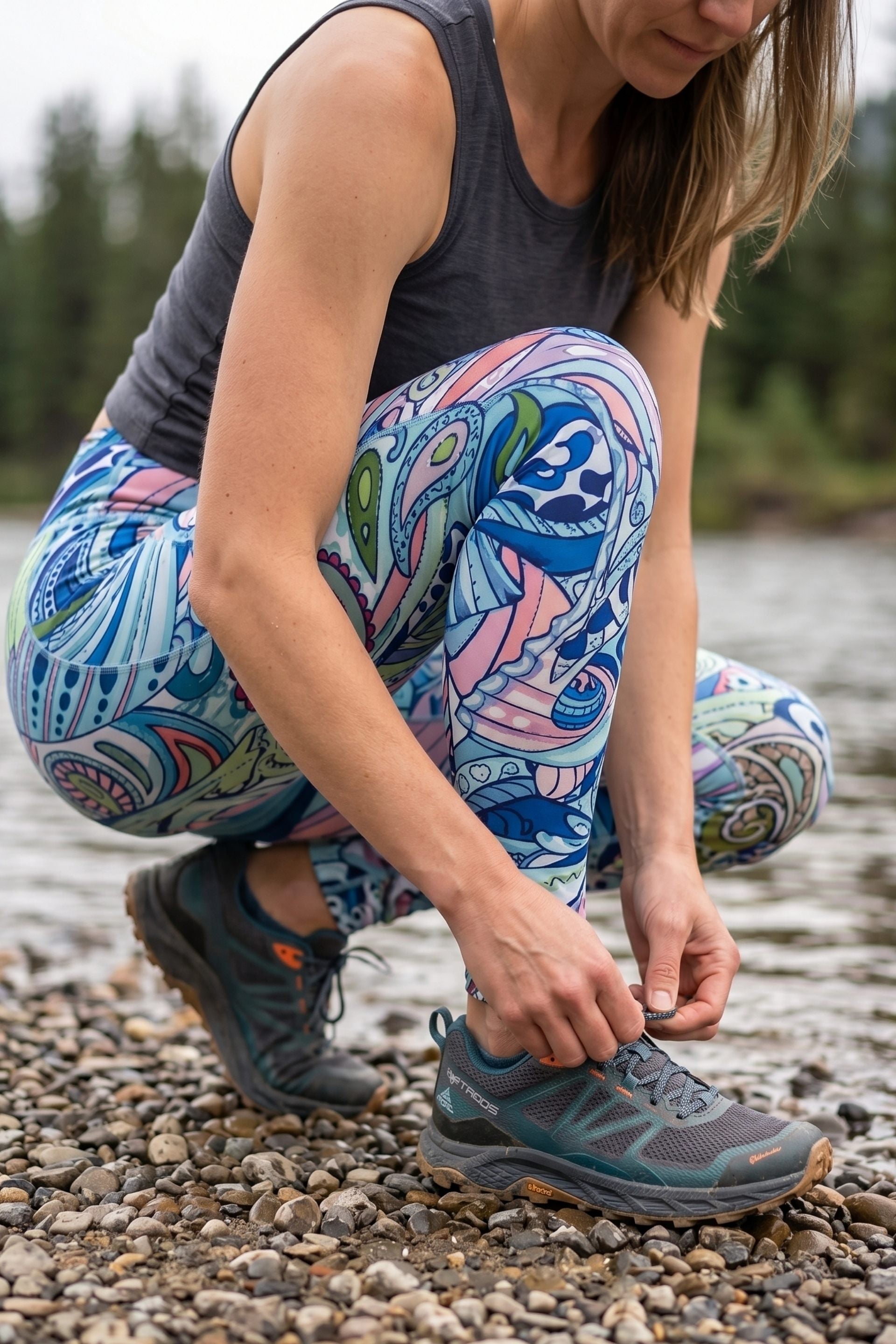 Person tying shoelaces on hiking shoes by a body of water