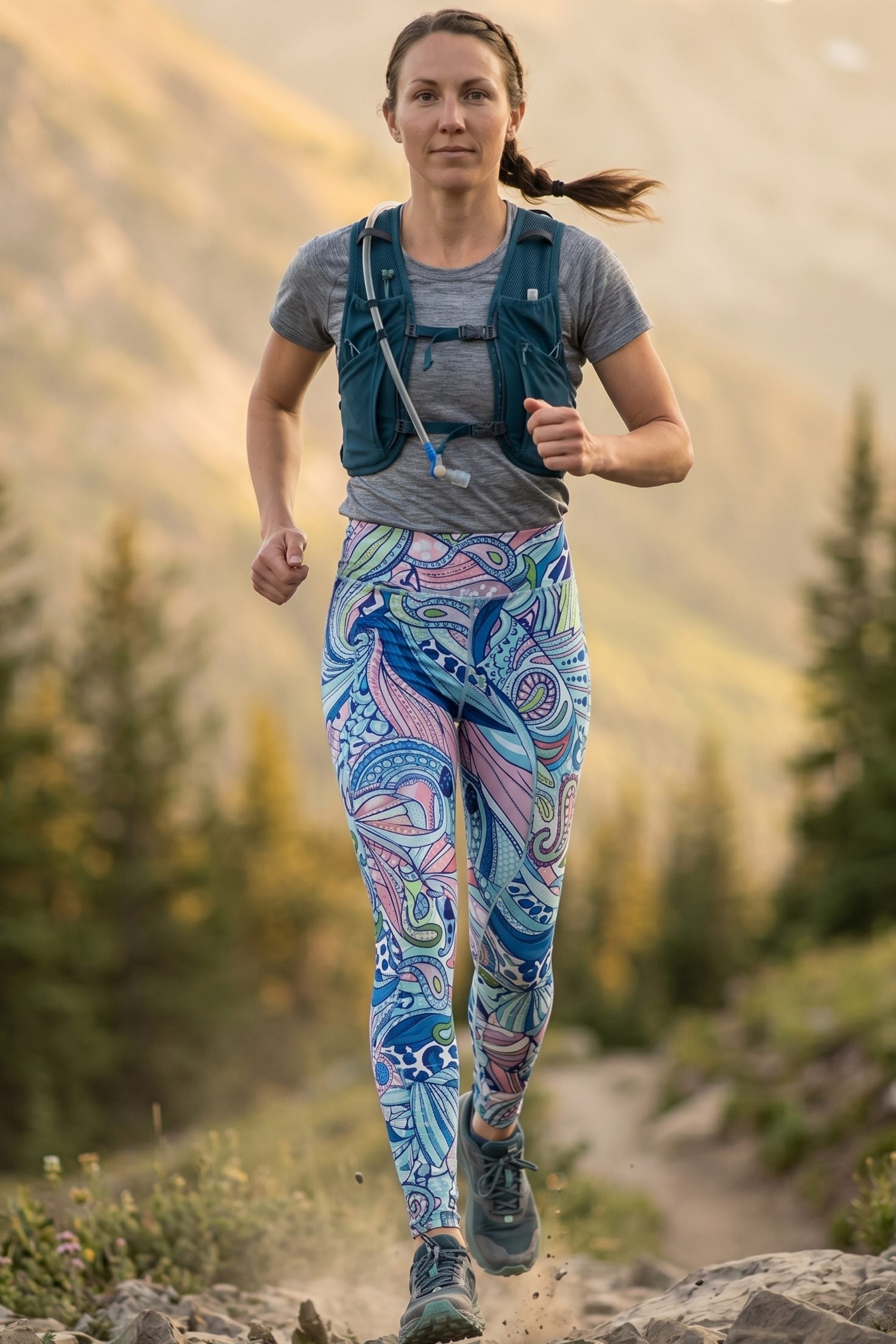 Woman running on a trail with mountains in the background