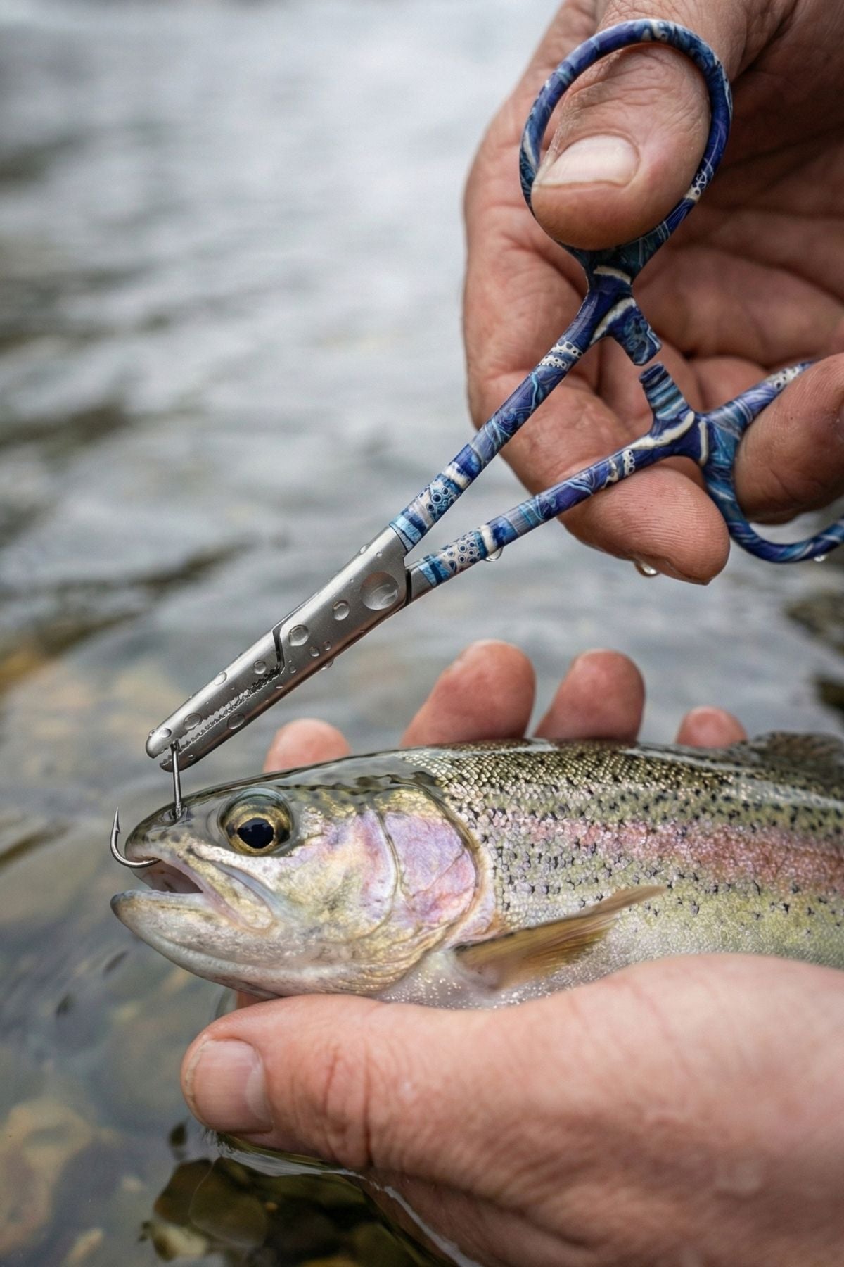 Person holding a fish with scissors over water