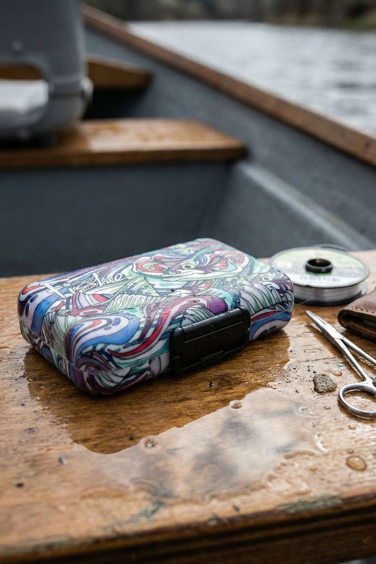 Colorful case on a wooden surface with fishing equipment in the background