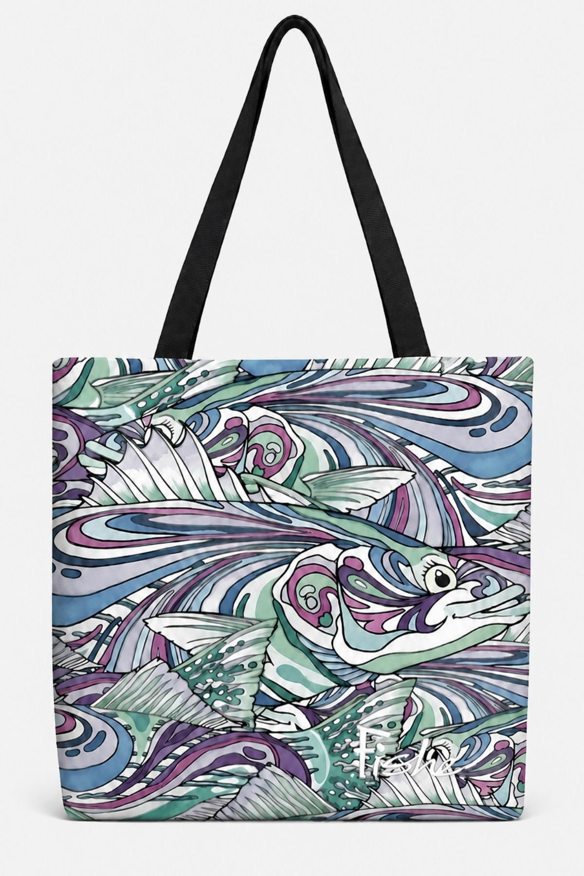 Tote bag with colorful fish pattern on a white background