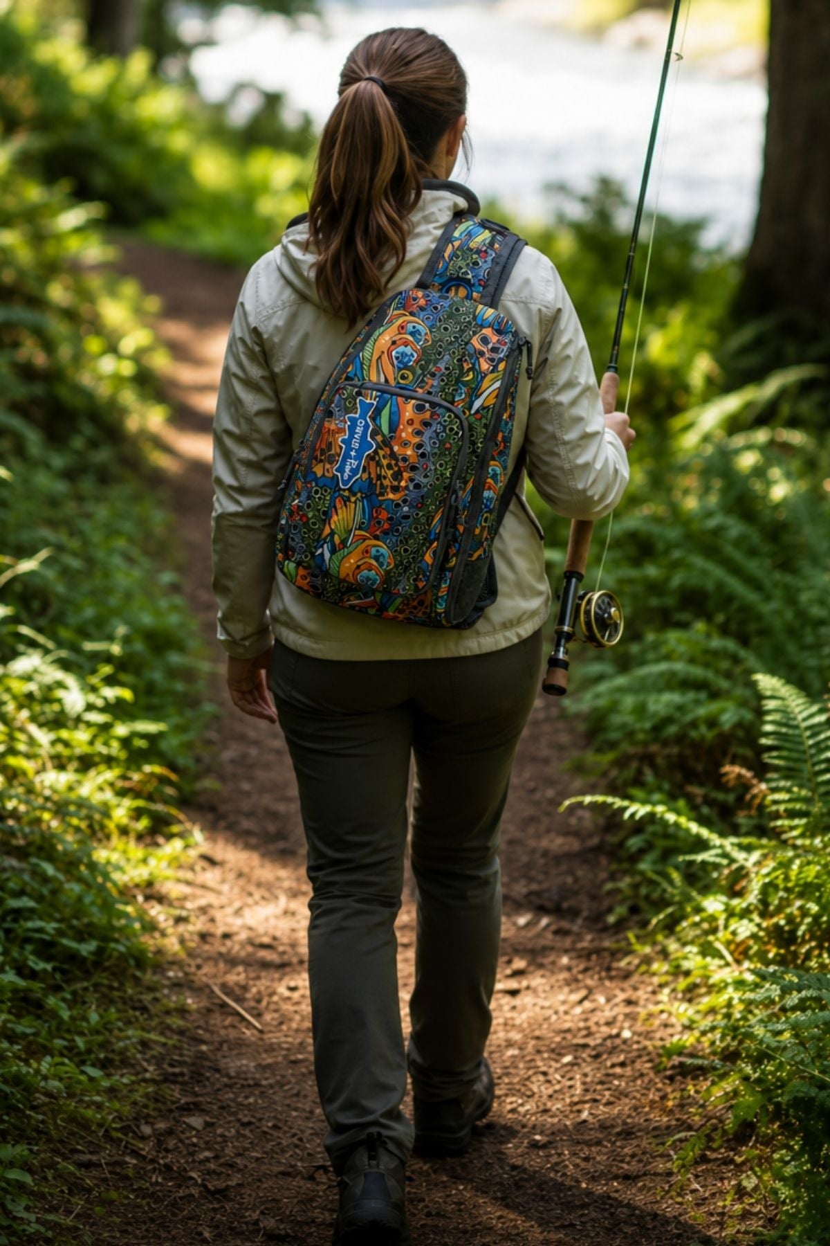 Person with a colorful backpack and fishing rod walking along a forest path.